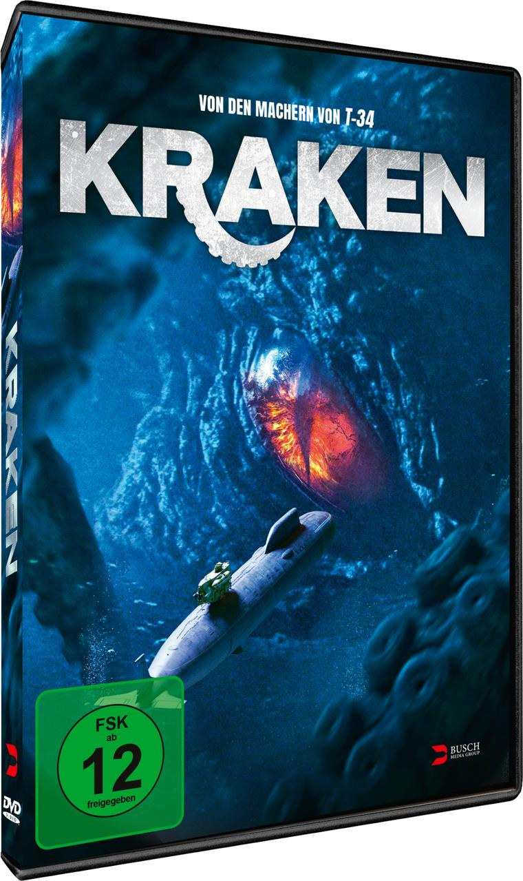 DVD-Cover für 'Kraken'. Zeigt ein U-Boot, ein riesiges Auge und Tentakel in einem dunkelblauen Meer. Der Rating-Aufkleber ist grün.