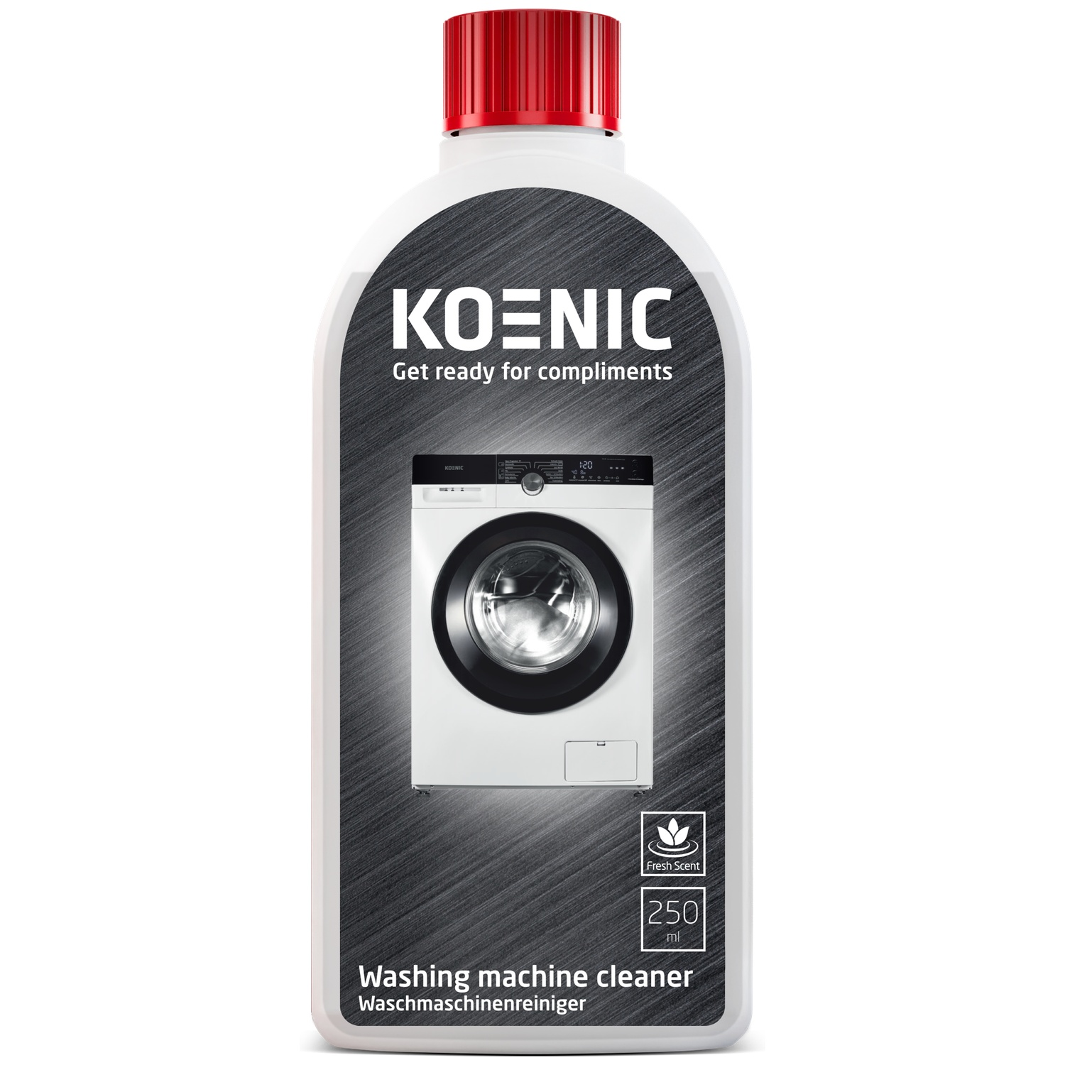 Een witte fles wasmachinereiniger met rode dop. Het etiket toont een afbeelding van een wasmachine en de merknaam.