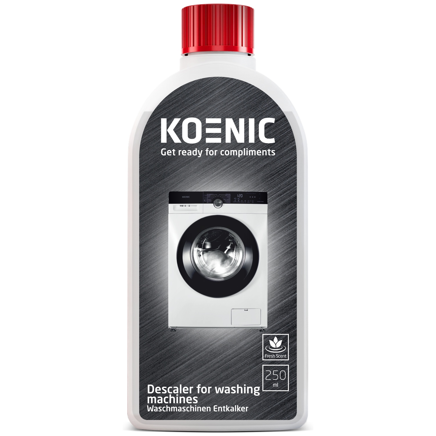 Een fles Koenic ontkalker voor wasmachines. Het heeft een afbeelding van een wasmachine aan de voorkant en een rode dop.