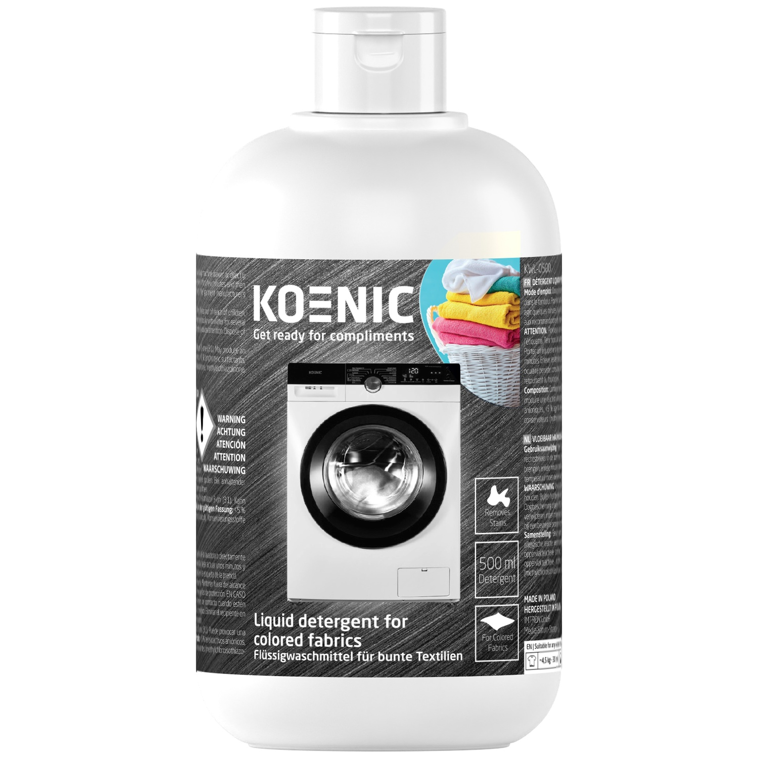Fles Koenic vloeibaar wasmiddel voor gekleurde stoffen, met afbeelding van wasmachine.