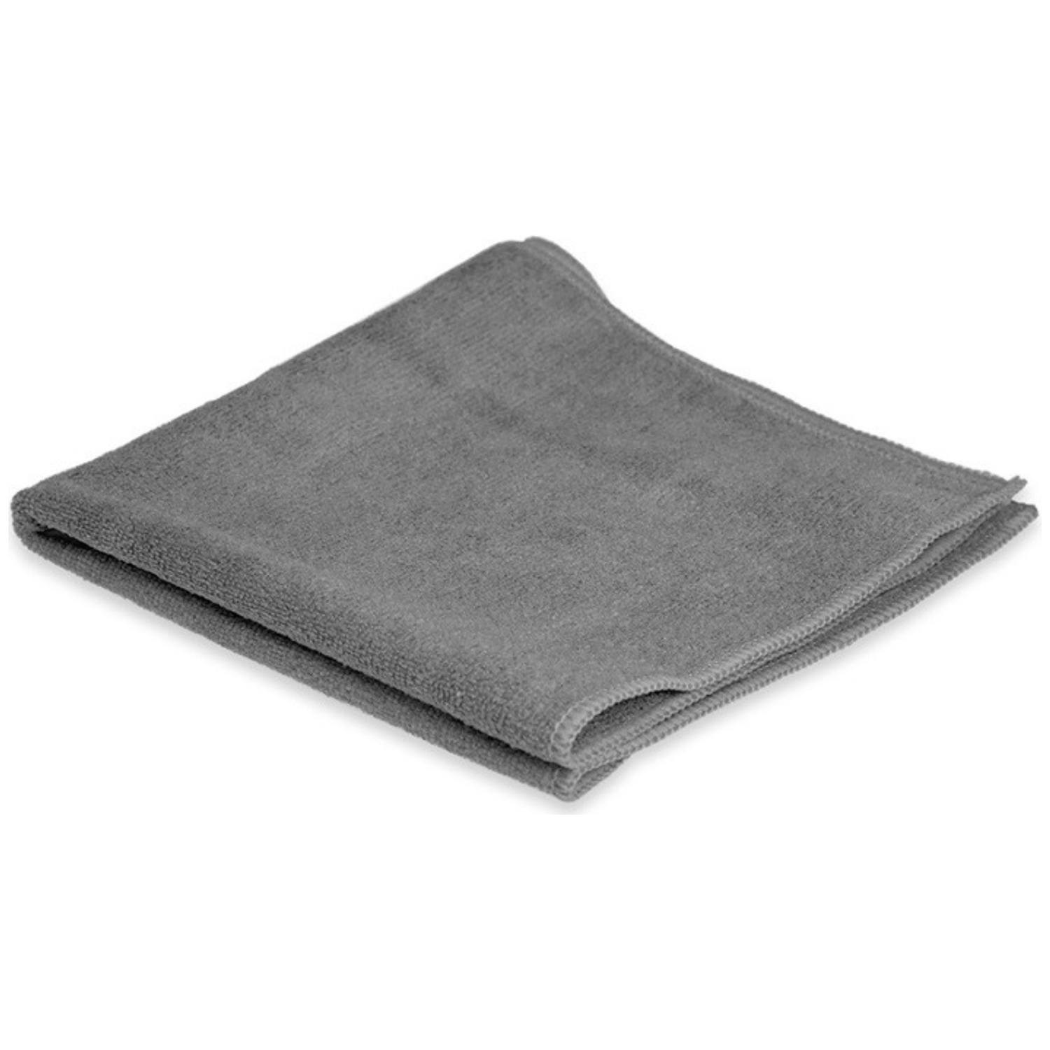 Een opgevouwen, grijze microvezeldoek op een witte achtergrond. De doek is vierkant en ziet er zacht uit. De achtergrond is wit.