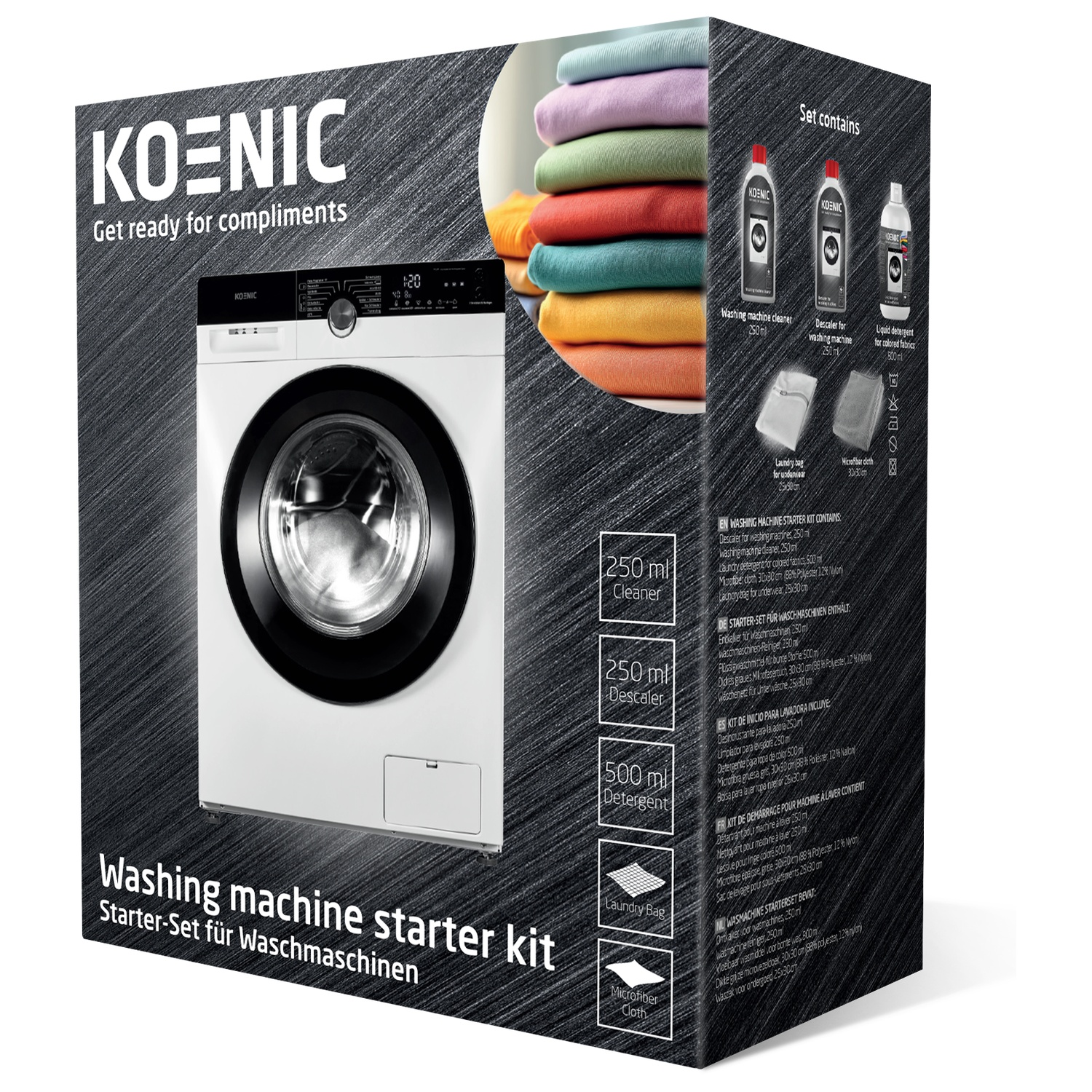 Koenic wasmachine met startpakket, inclusief reiniger, ontkalker, wasmiddel, waszak en microvezeldoek.