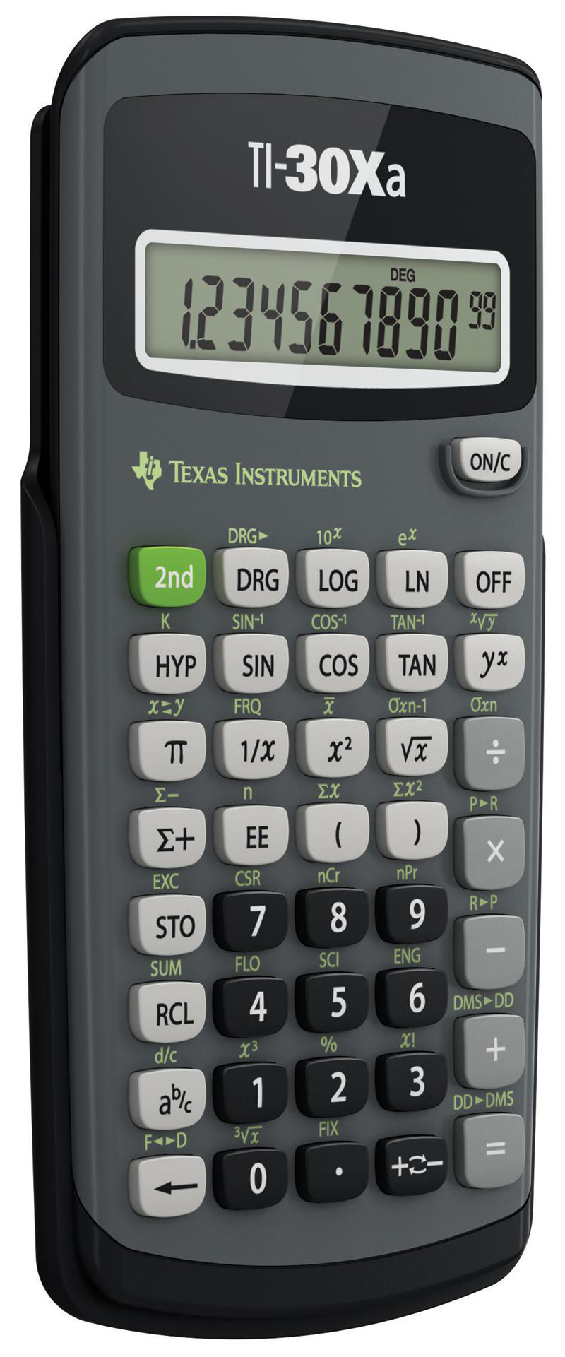 Ein TI-30Xa-Rechner mit einer Anzeige, die 1234567890,99 zeigt. Tasten umfassen Zahlen, Funktionen und wissenschaftliche Operationen.