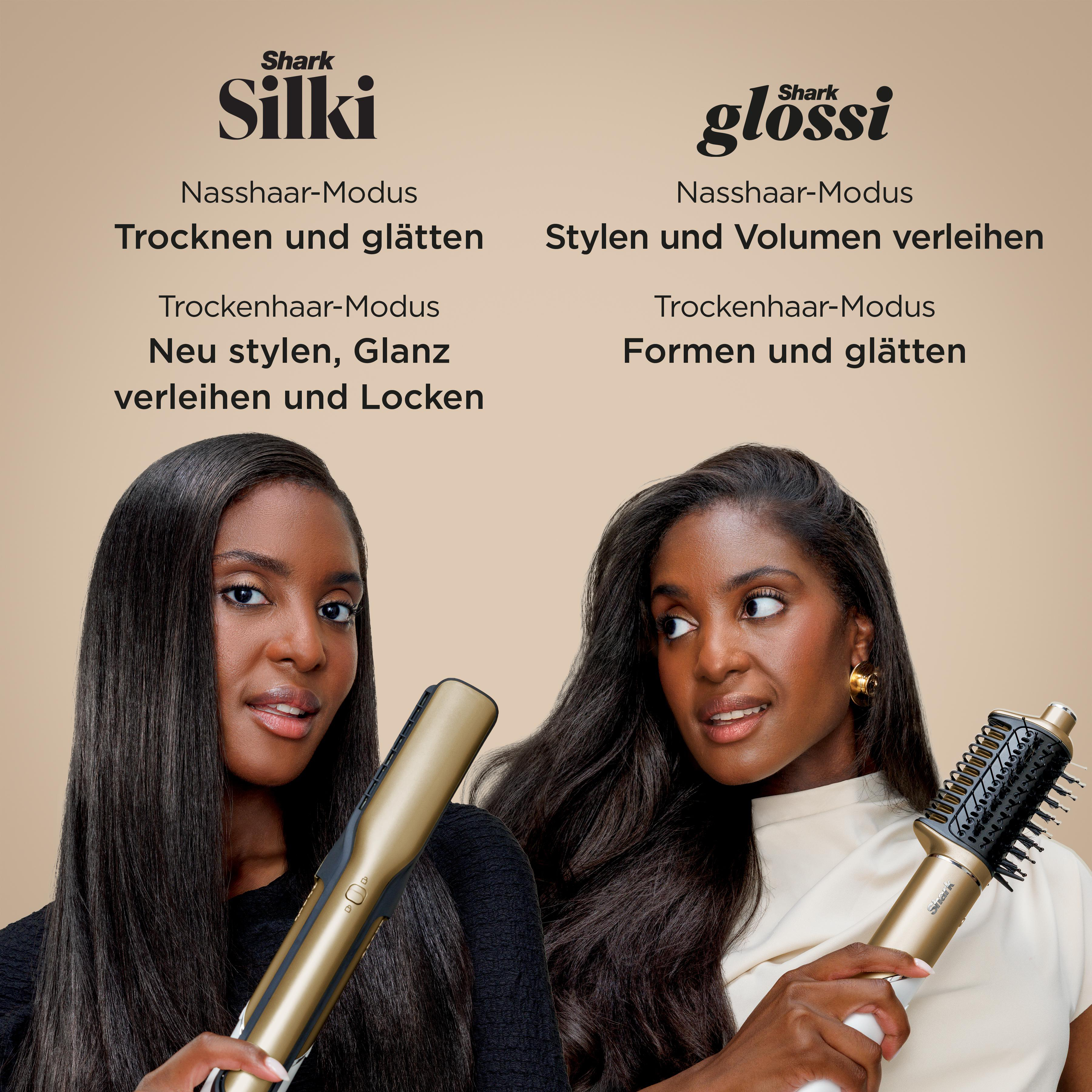 Zwei Frauen mit langen schwarzen Haaren halten Haarstyling-Tools. Der Text oben lautet 'Silki' und 'glossi' mit Styling-Modus-Beschreibungen.