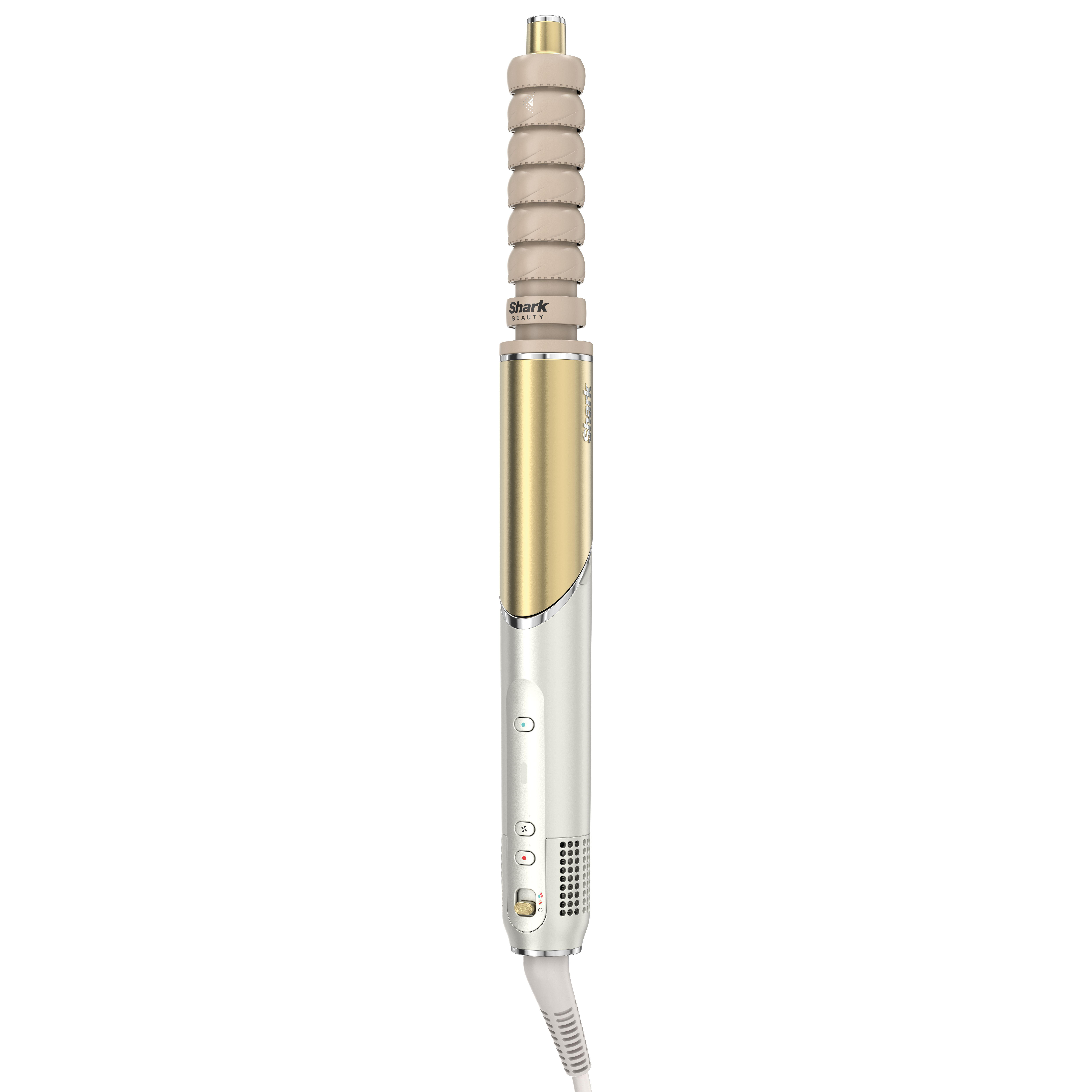 Ein goldenes und silbernes Haarstyling-Tool. Es hat einen beigefarbenen strukturierten Aufsatz, ein Netzkabel und Knöpfe.