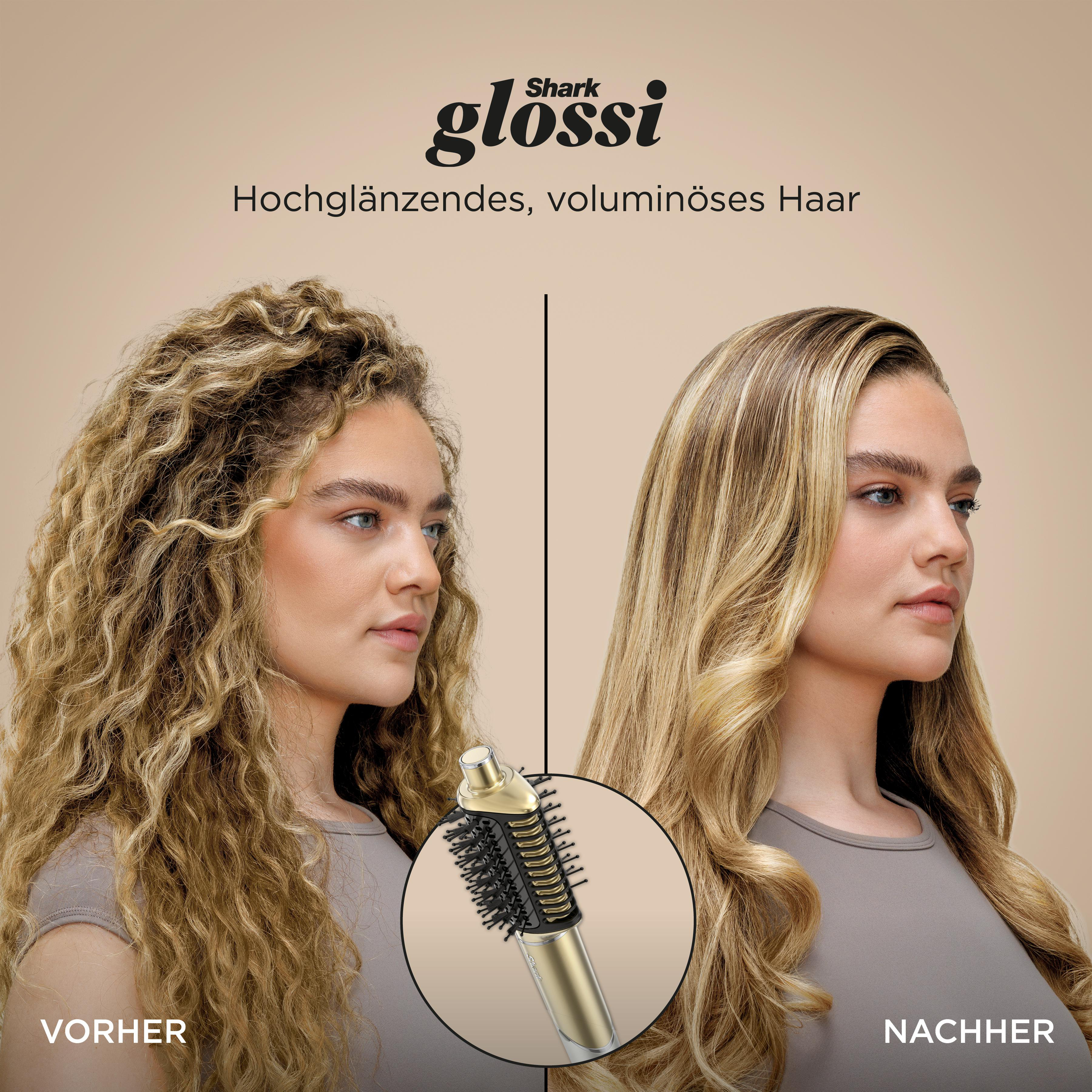 Das Bild zeigt Vorher und Nachher mit einem Haarstyling-Tool. Eine Seite zeigt lockiges Haar, die andere glattes Haar.