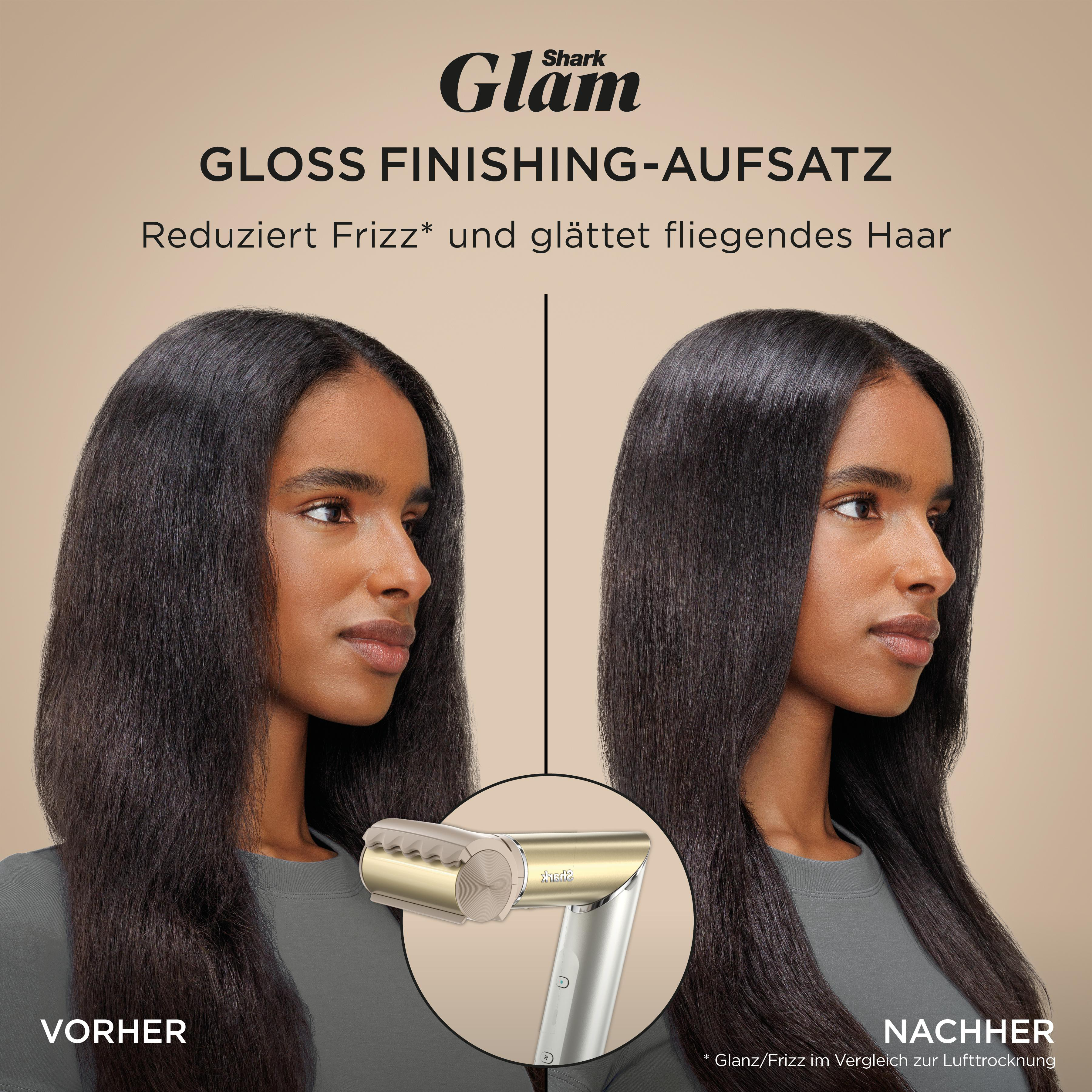 Das Bild zeigt einen Vorher-Nachher-Vergleich der Haare. Die linke Seite zeigt krauses Haar, die rechte Seite glattes Haar.