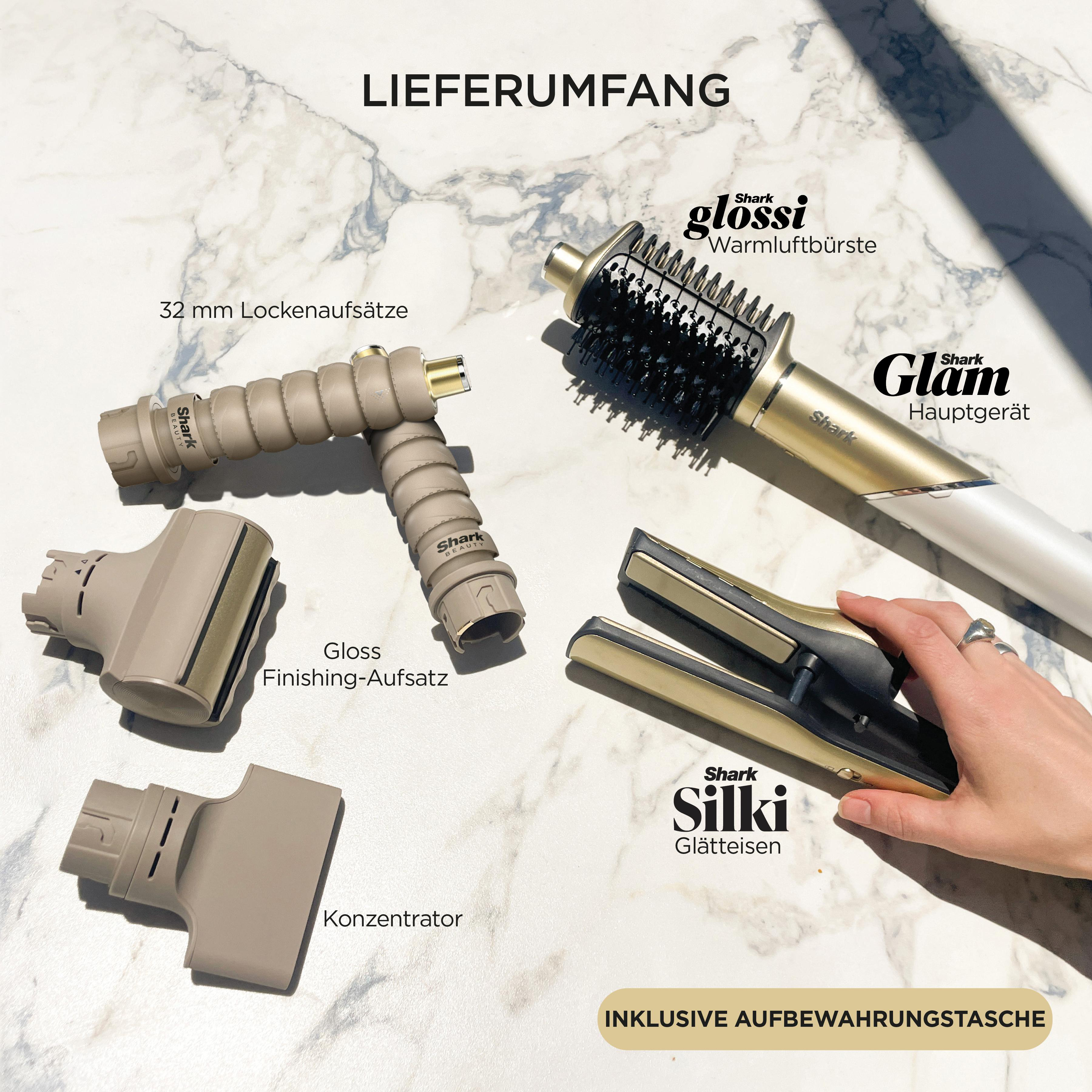 Haarstyling-Tools: Lockenstab, Bürste und Glätteisen auf Marmor. Inklusive Aufsätze. Eine Hand hält das Glätteisen.