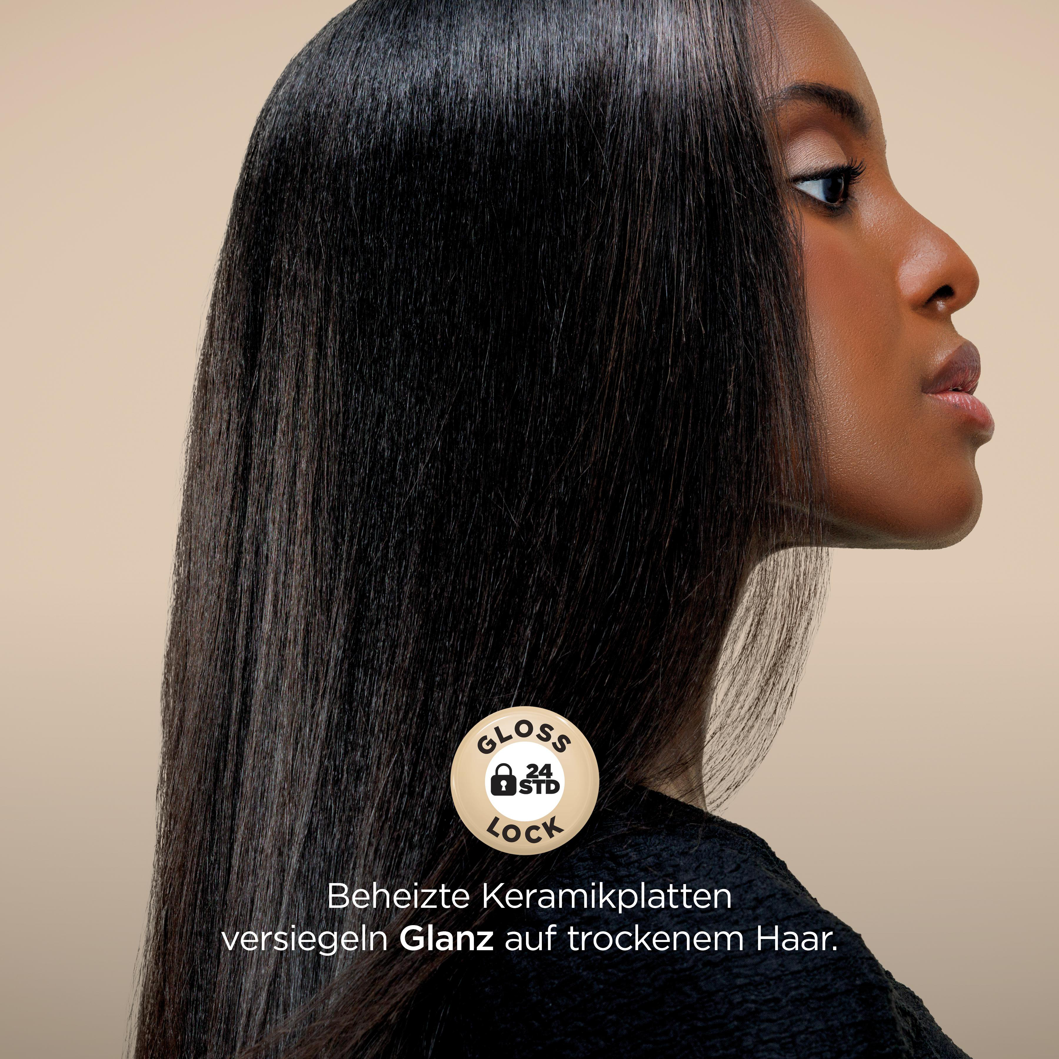 Profil einer Frau mit glattem, schwarzem Haar. Ein Logo zeigt 'Gloss Lock'. Text: 'versiegelt Glanz auf trockenem Haar'.
