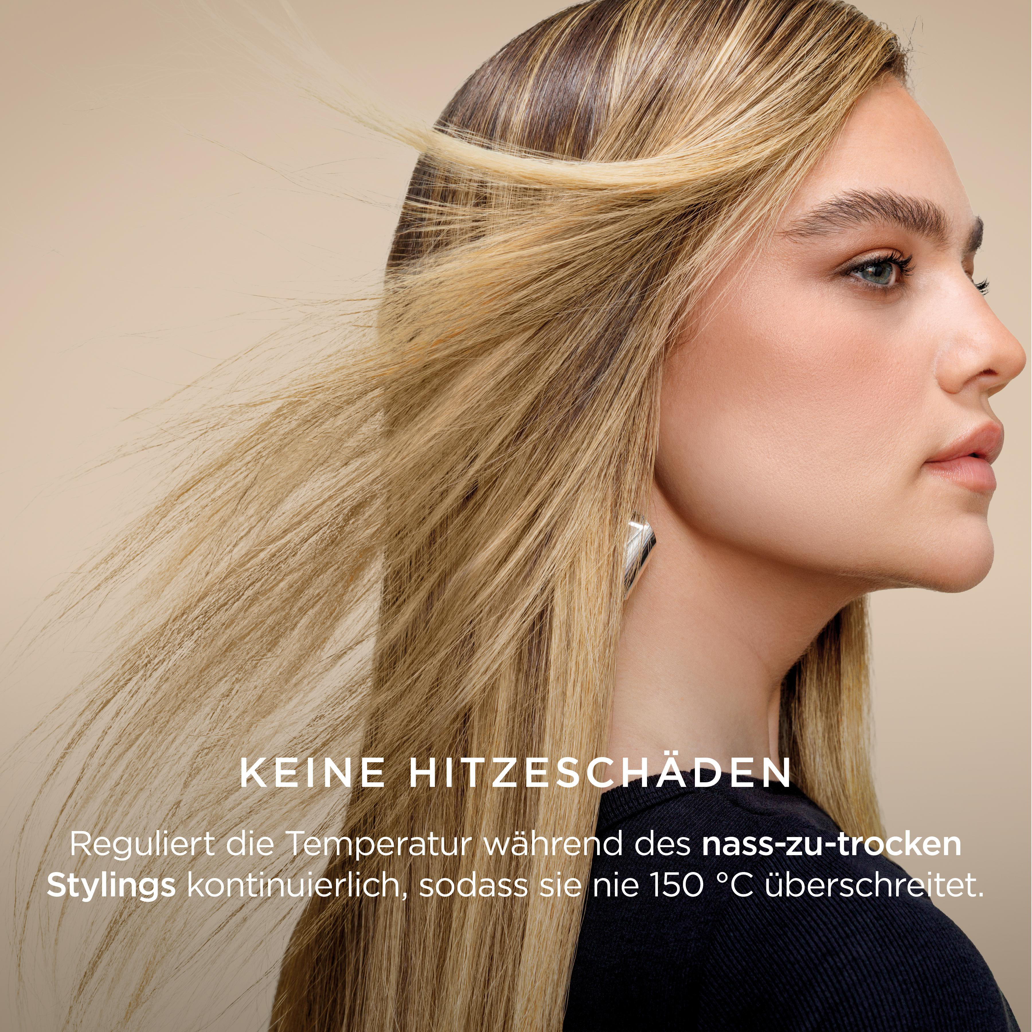 Eine Frau mit blondem Haar, zur Seite gestylt. Der Hintergrund ist beige. Text über Hitzeschäden.