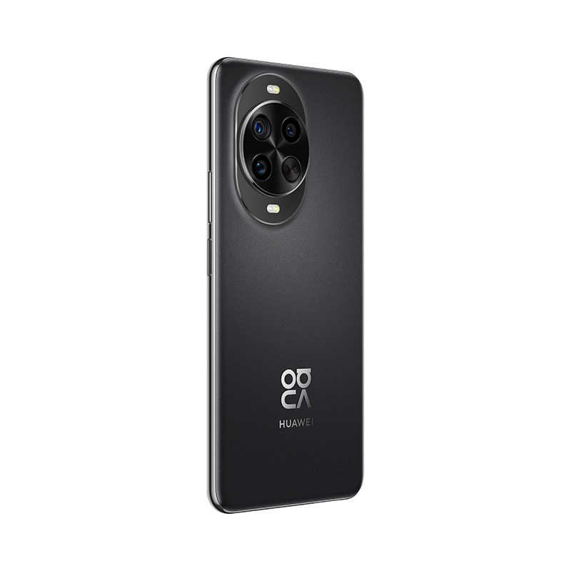 Siyah akıllı telefon arkası. Dört lensli dairesel kamera modülü. Huawei logosu altta, mat bir yüzeyle.