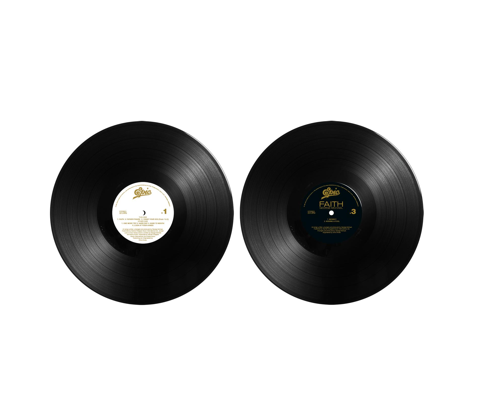 Zwei schwarze Schallplatten mit weißen Etiketten. Eine zeigt 'Faith' von George Michael. Die andere listet Songs auf.
