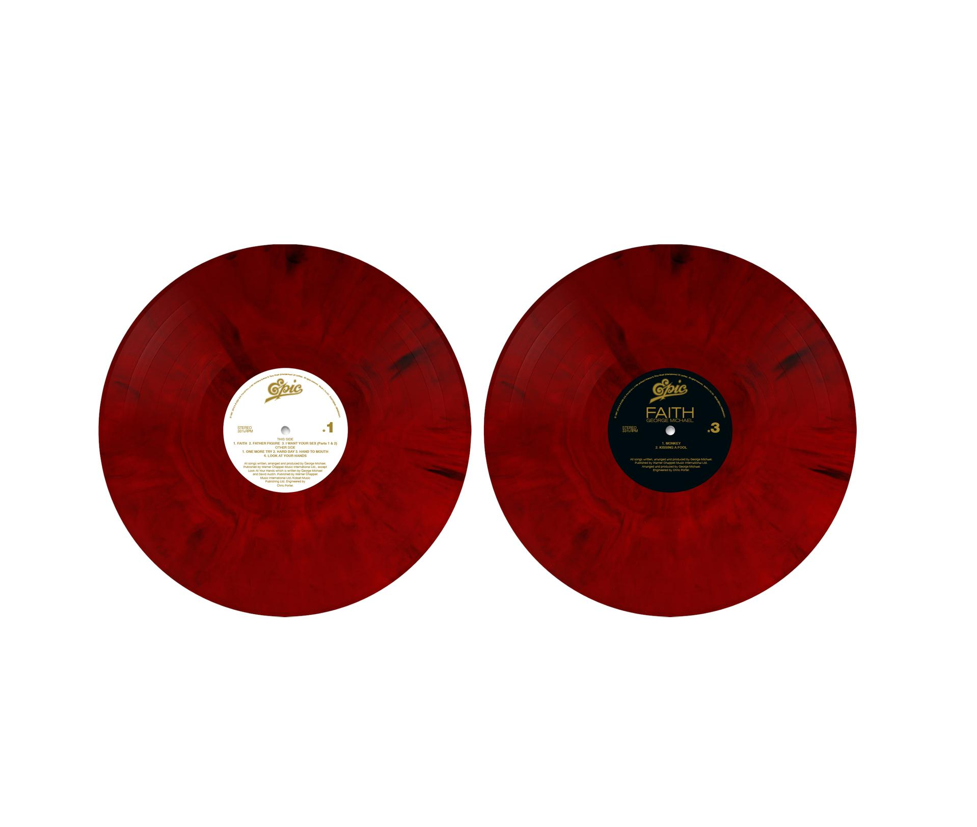 Zwei Schallplatten mit rot-schwarzen Marmormustern. Auf den Etiketten steht 'Faith' von George Michael.