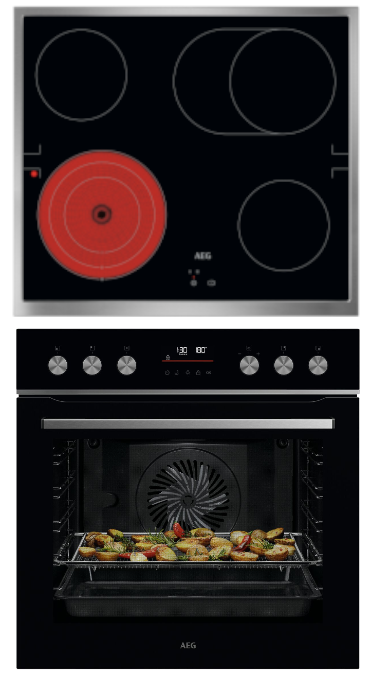 Elektrokochfeld mit roter Kochplatte und Backofen mit Essen. Knöpfe, Display und Ventilator sichtbar.