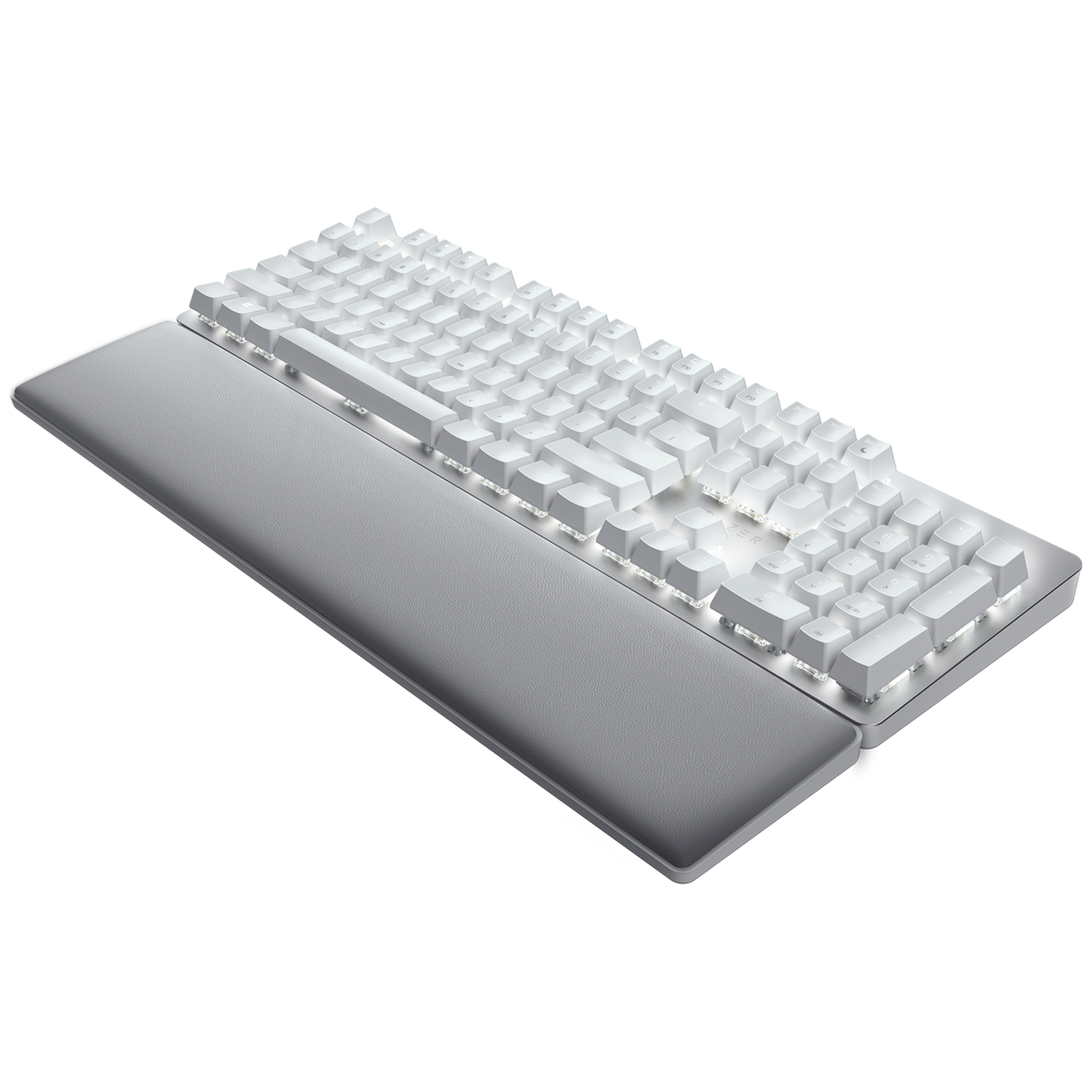A white keyboard with a gray wrist rest is on a white background. The keys are lit. The brand name is visible.