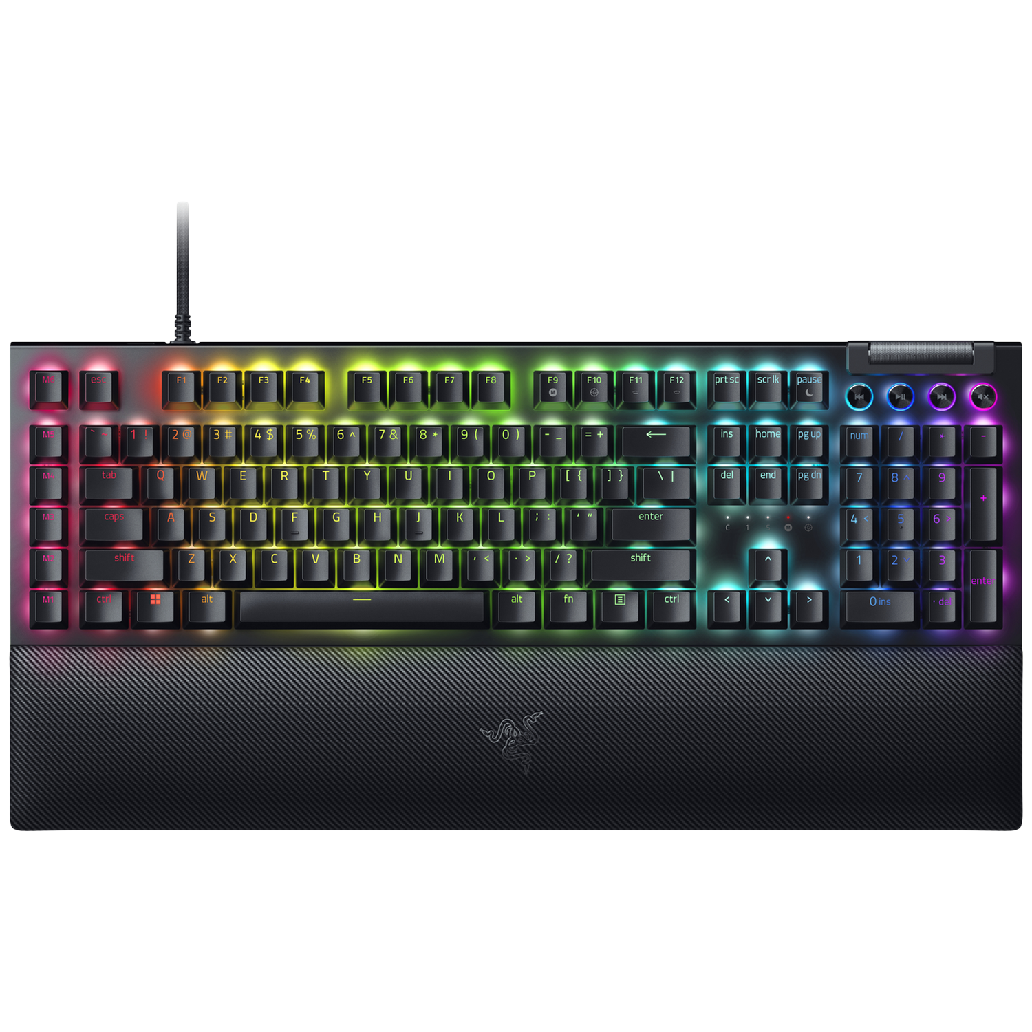 Een zwart toetsenbord met regenboogverlichte toetsen, een polssteun en een Razer-logo. Het heeft standaard toetsen en functietoetsen.
