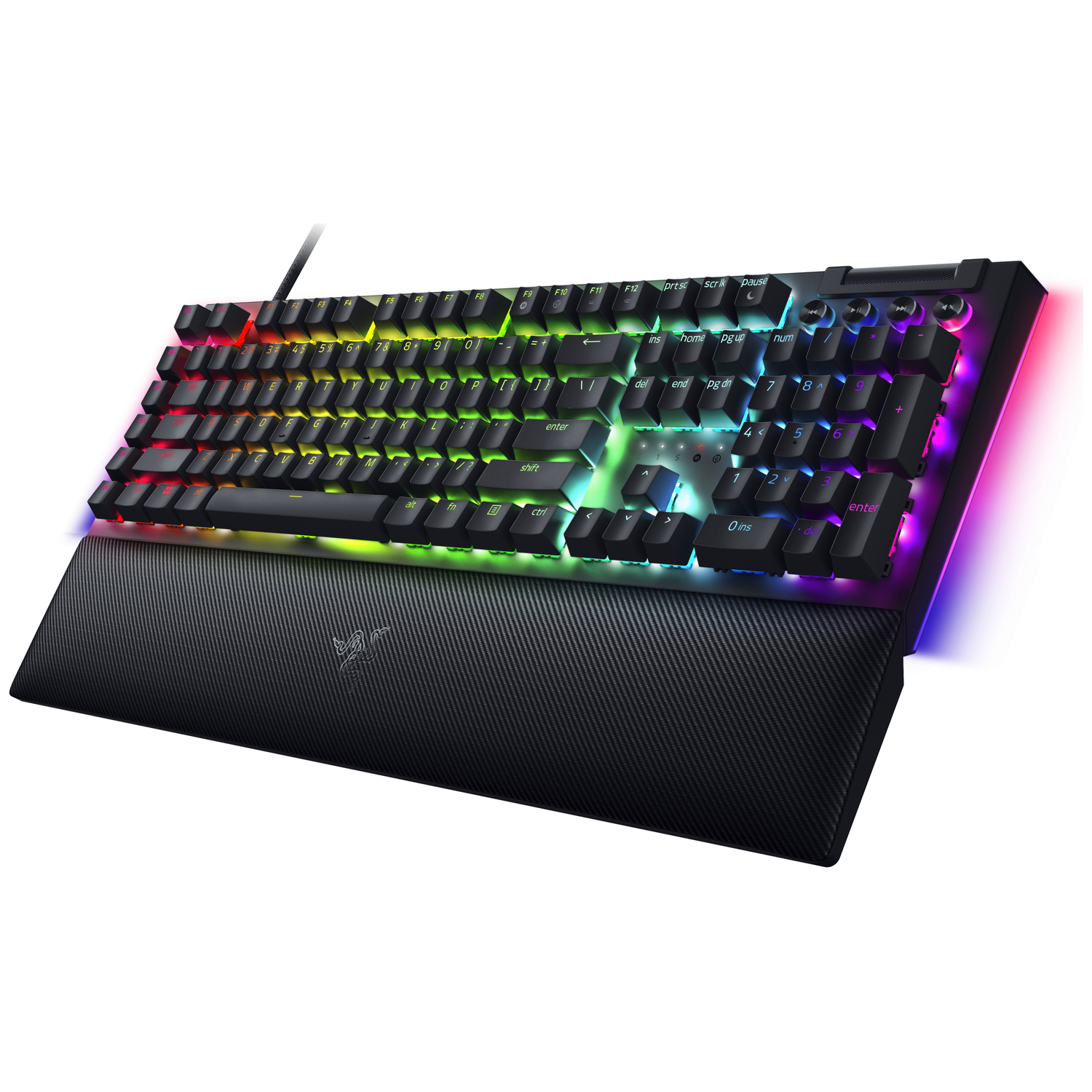 Zwart gaming toetsenbord met RGB-verlichting. Het heeft een polssteun, diverse toetsen en een Razer-logo. De verlichting is veelkleurig.