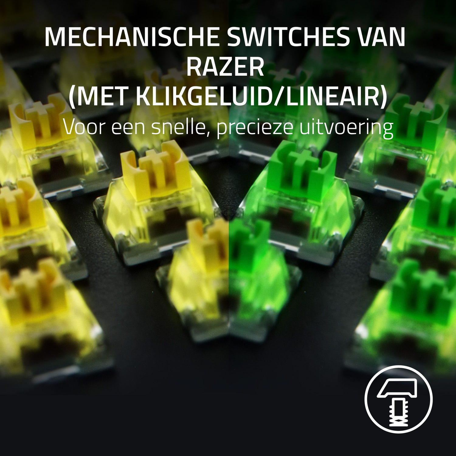 Close-up van Razer mechanische toetsenbordschakelaars. Gele en groene schakelaars zichtbaar, tekst in wit erboven. Het Razer-logo staat onderaan.