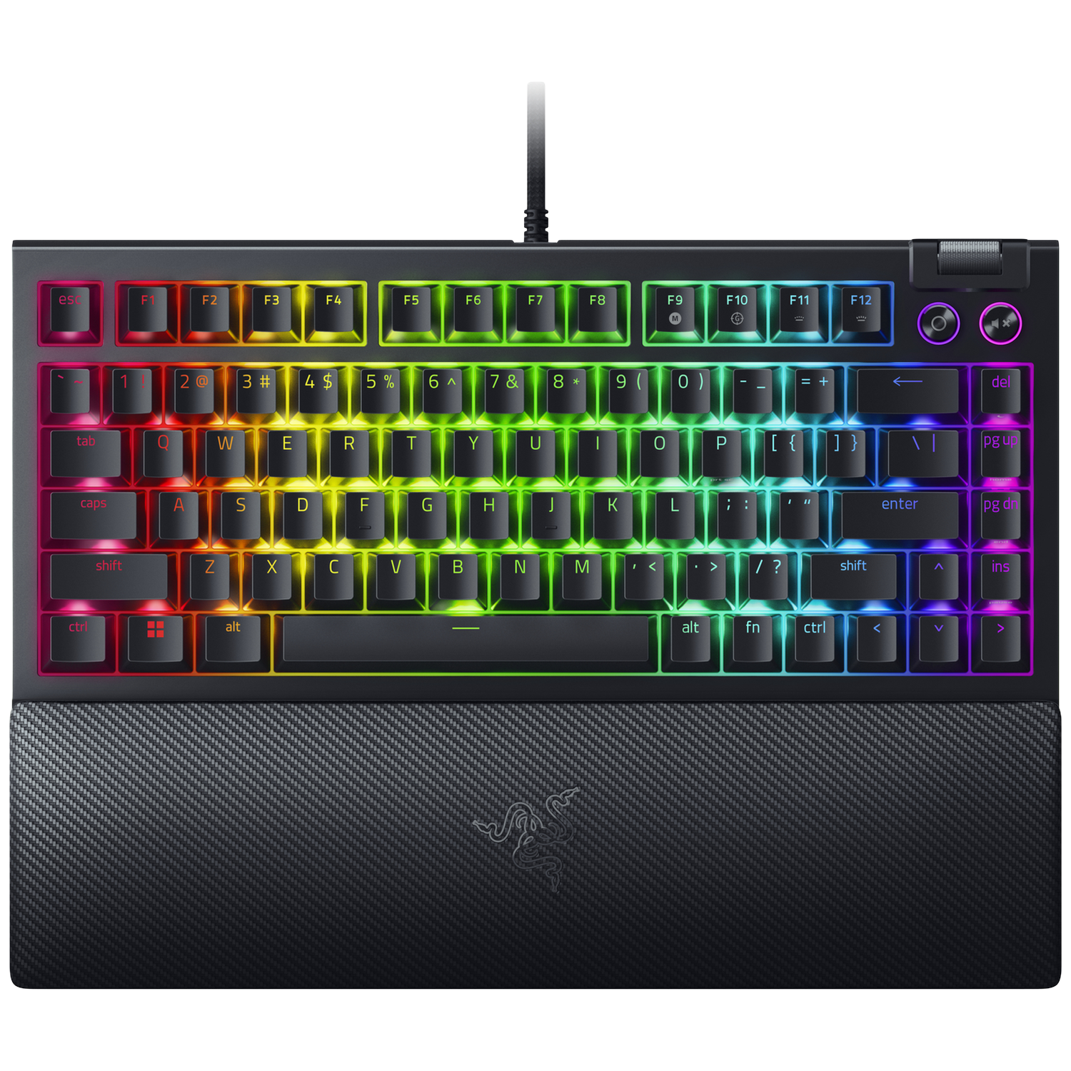 Zwart gaming toetsenbord met regenboogverlichte toetsen, polssteun en Razer logo.