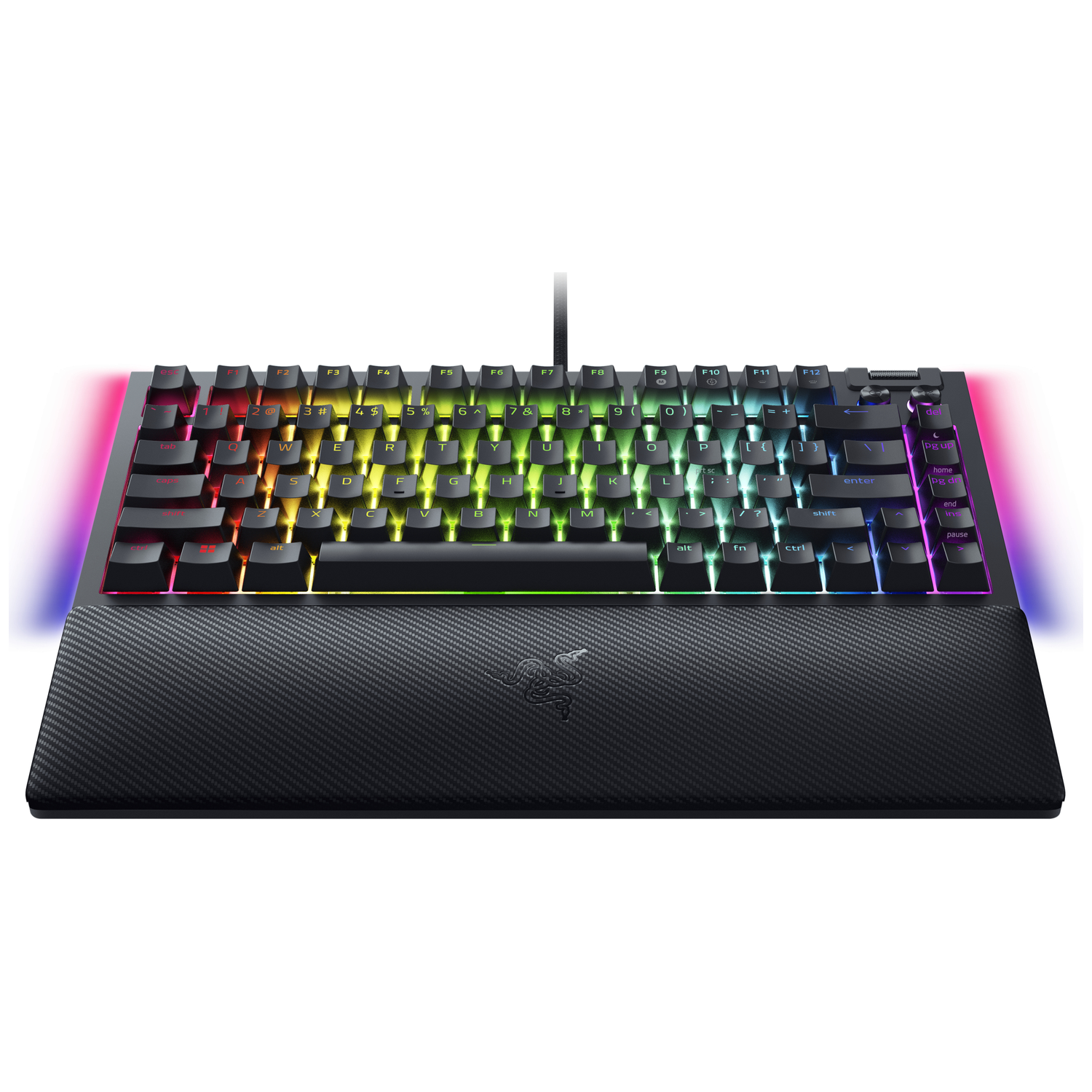 Een zwart toetsenbord met kleurrijke toetsen met achtergrondverlichting en een polssteun. De toetsen zijn gelabeld met letters en symbolen. Het Razer-logo is zichtbaar.