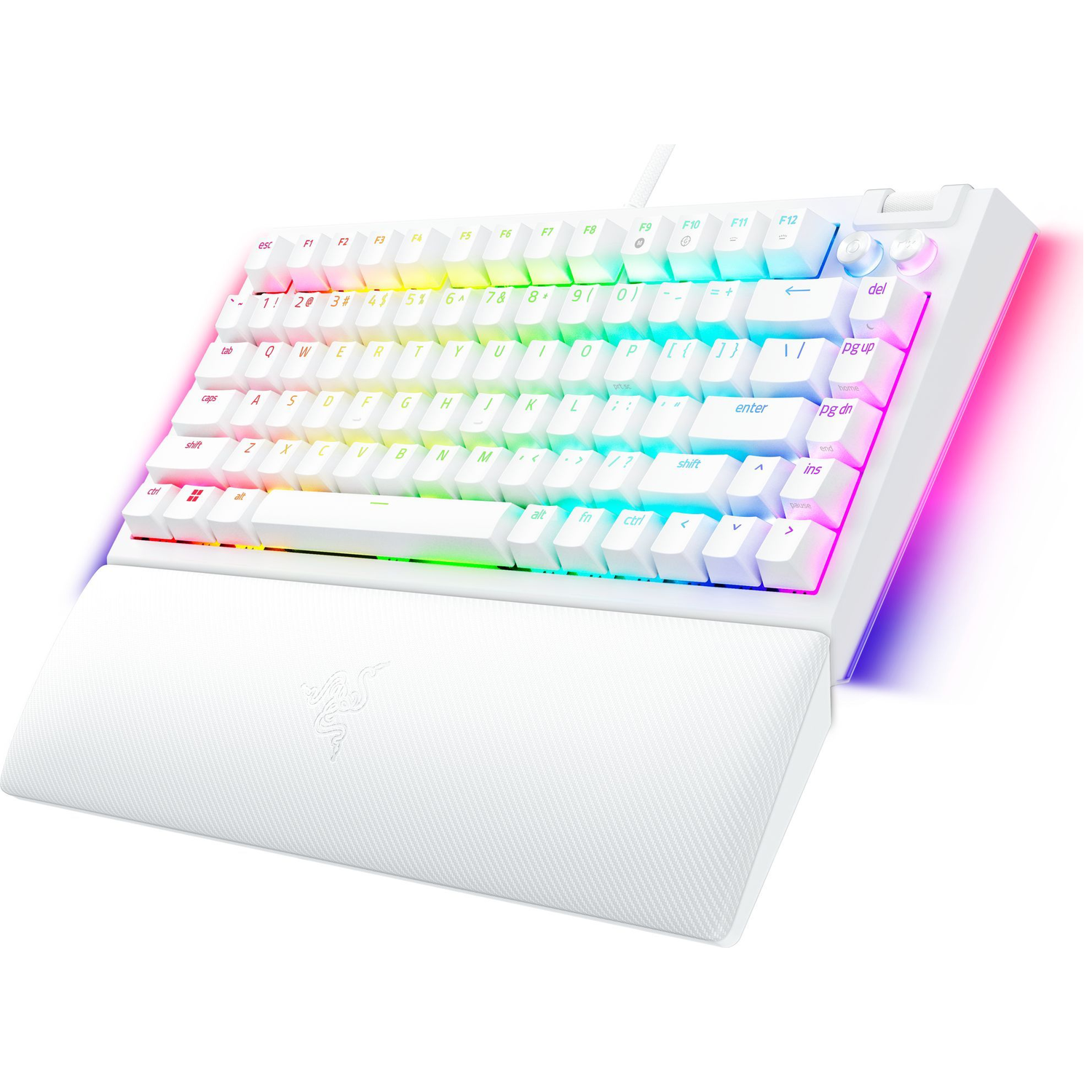 White mechanical keyboard with rainbow lighting. Includes a wrist rest. Keys are white.