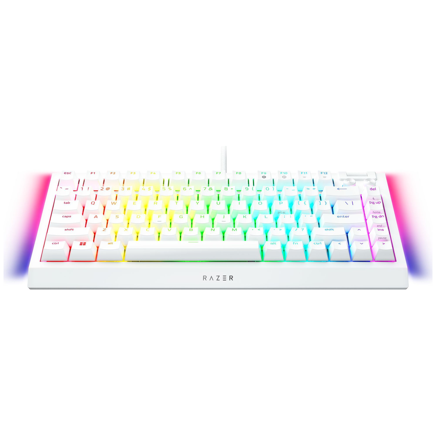 White keyboard with backlit keys, various colors. Razer logo at the bottom. Cable at the top. Keys include letters, numbers, and symbols.