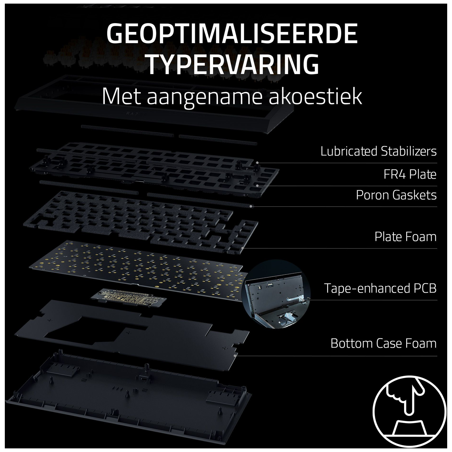 An exploded view of a black keyboard showing its internal components, including stabilizers, plates, and foam layers, on a black background.