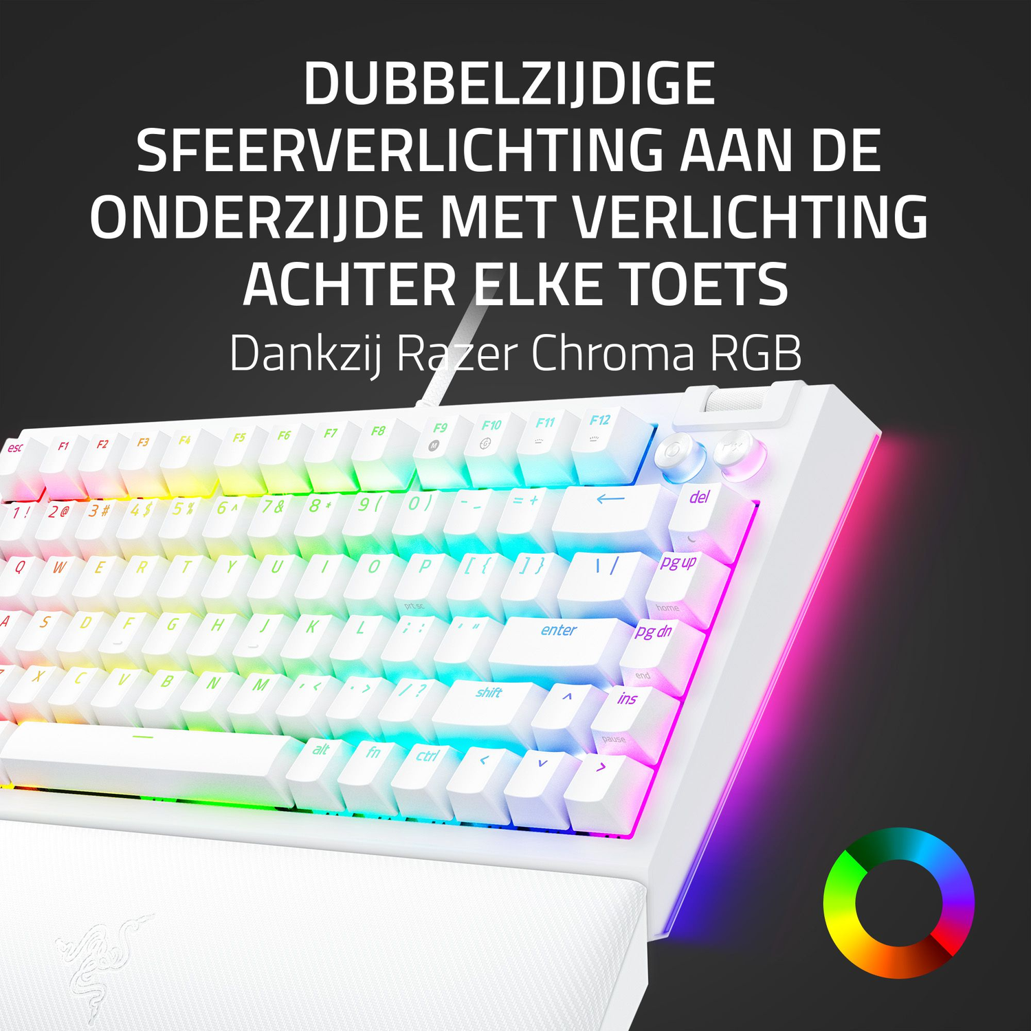 White keyboard with rainbow lighting, text overlay, and a Razer logo. Keys are lit from behind.