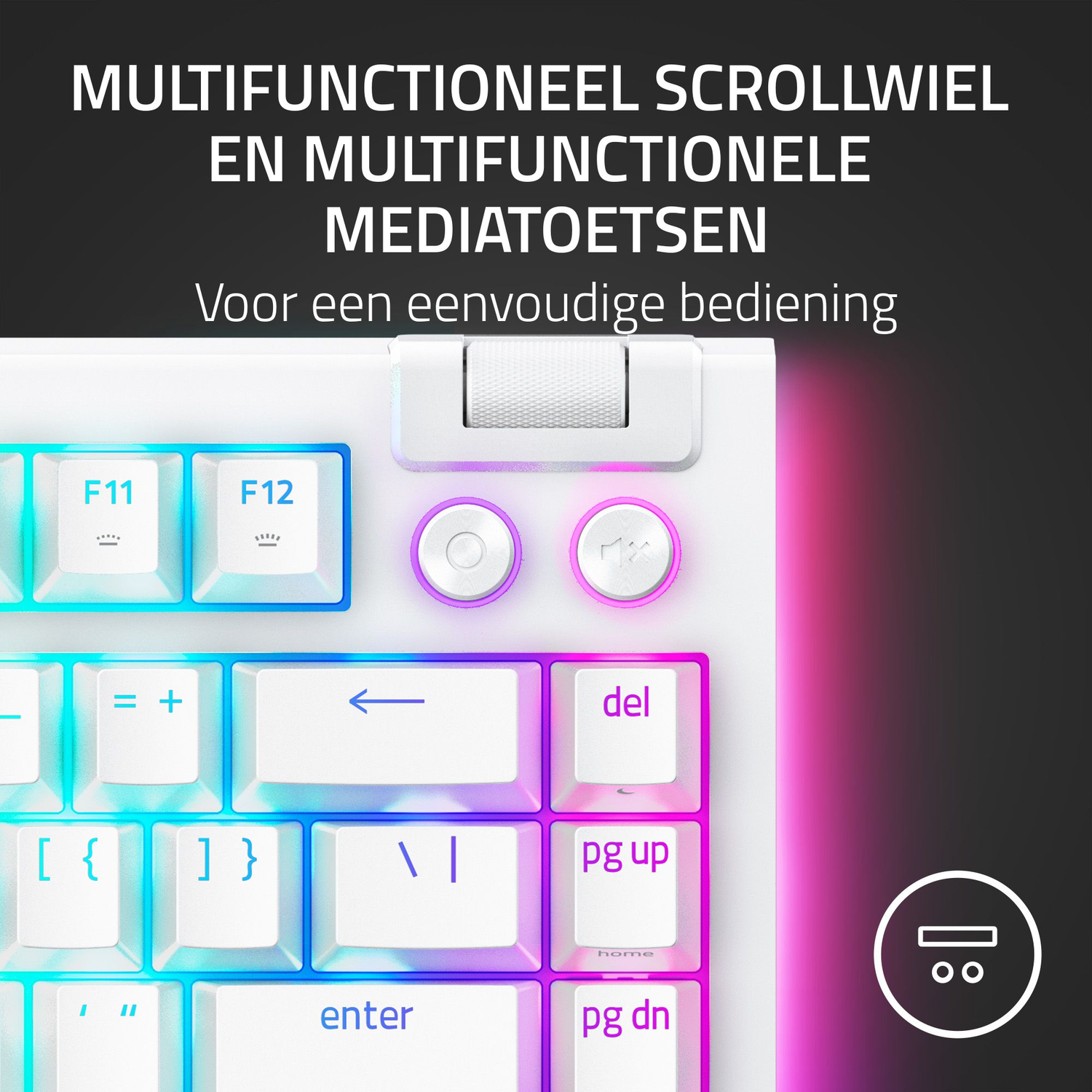 Close-up of a white keyboard with illuminated keys. Text at the top reads 'Multifunctioneel scrollwiel en multifunctionele mediatoetsen'.