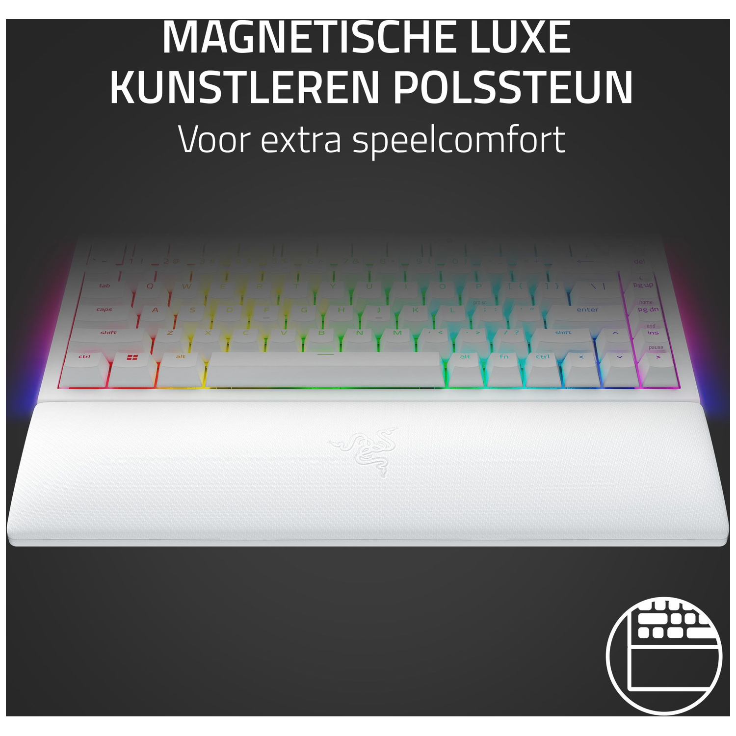 White keyboard with rainbow keys, a white wrist rest with Razer logo and text on top: Magnetische Luxe Kunstleren Polssteun.