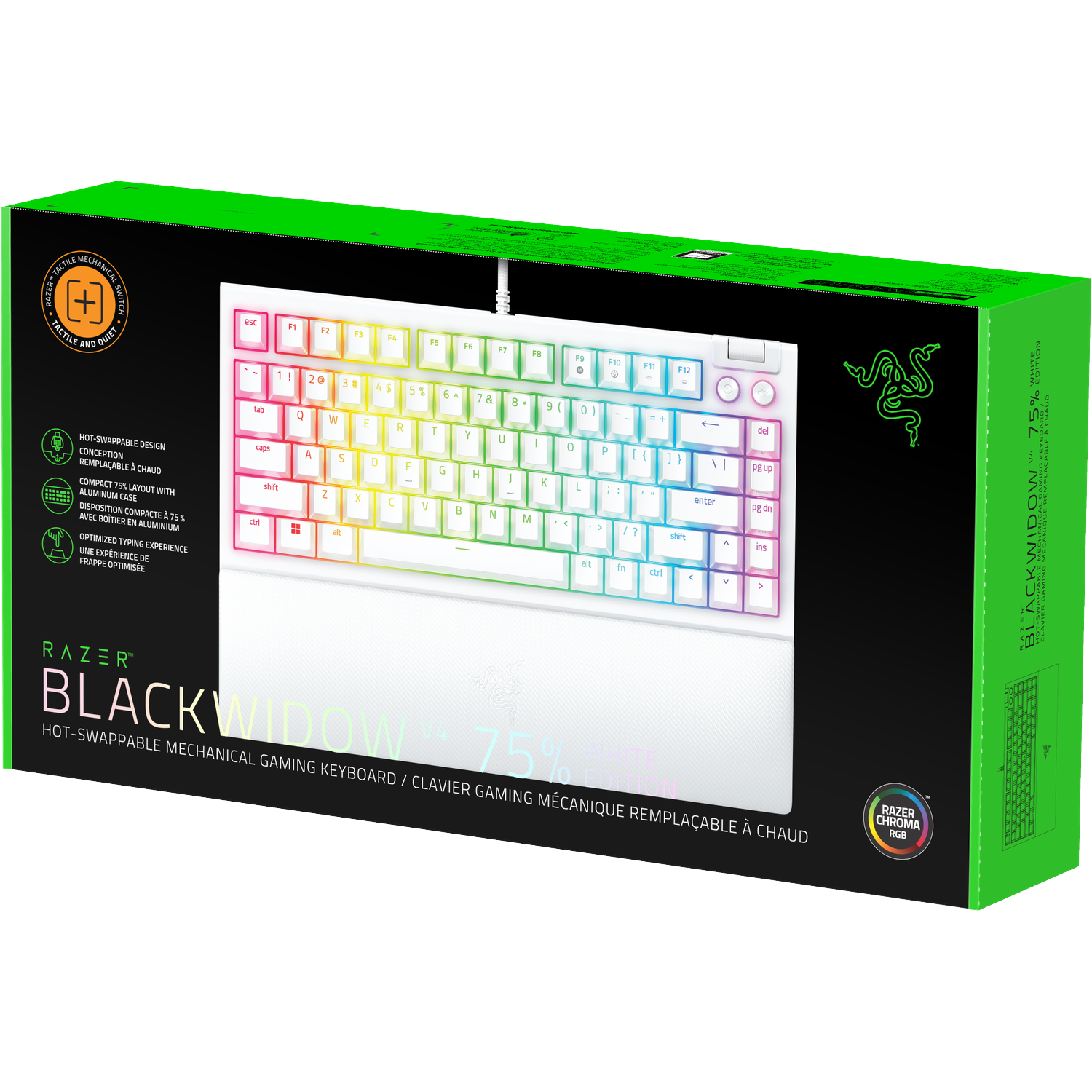 A white Razer Blackwidow 75% keyboard in a green box. The keyboard is lit with multiple colors.