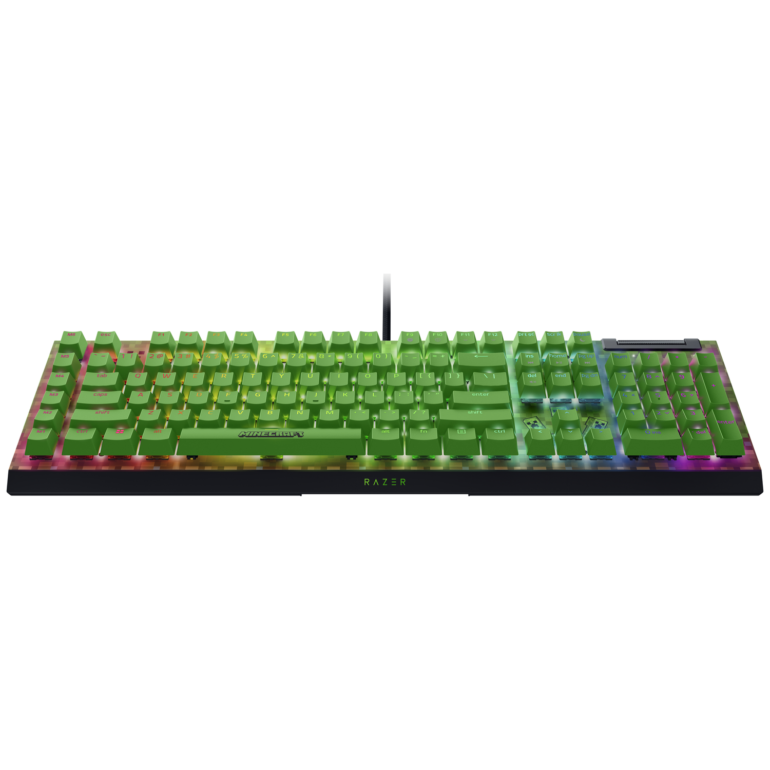 A Razer Minecraft keyboard with green keys. The keyboard has a black frame, and the keys are lit with various colors.