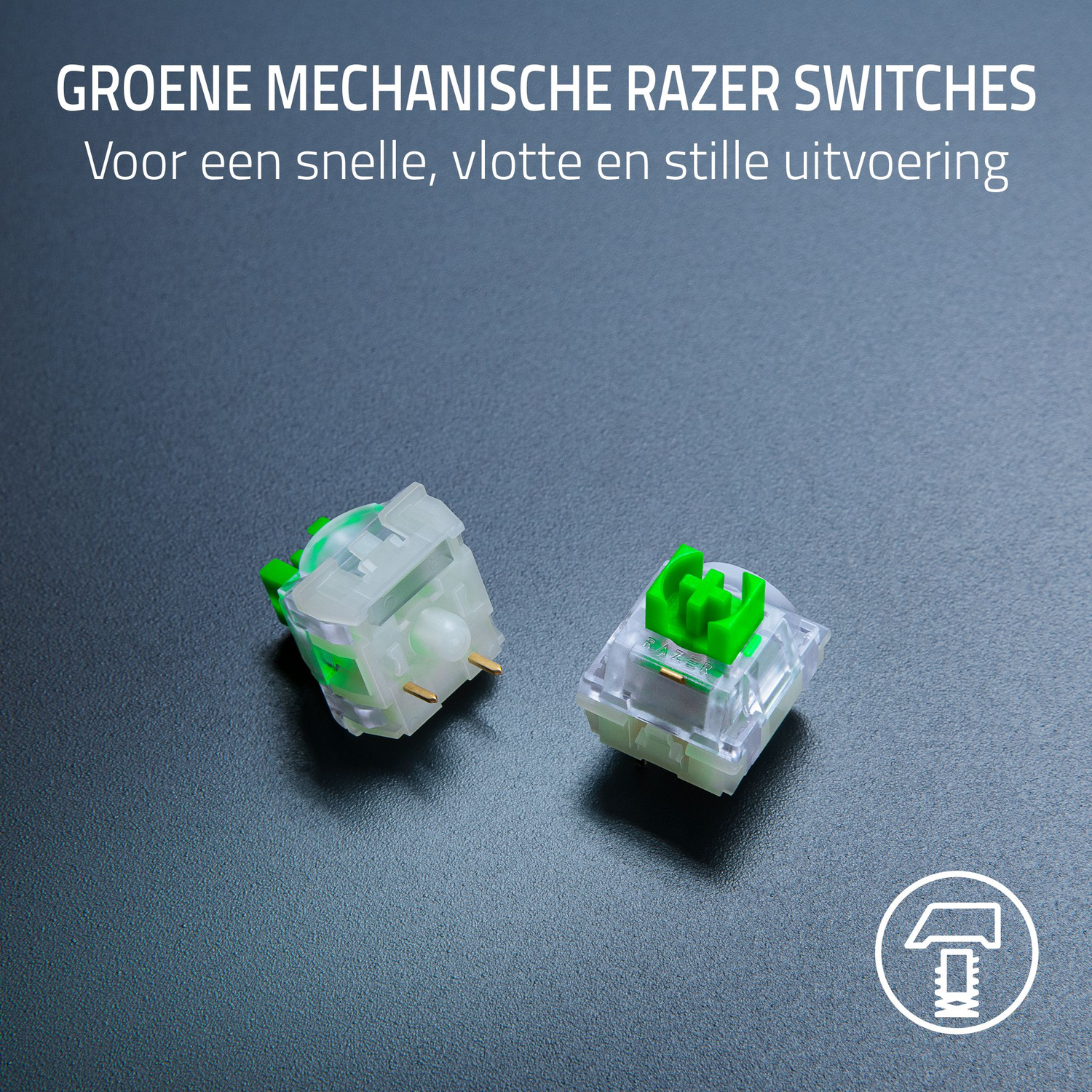 Two green mechanical Razer switches on a gray surface. Text at the top says 'Green mechanical Razer switches'.