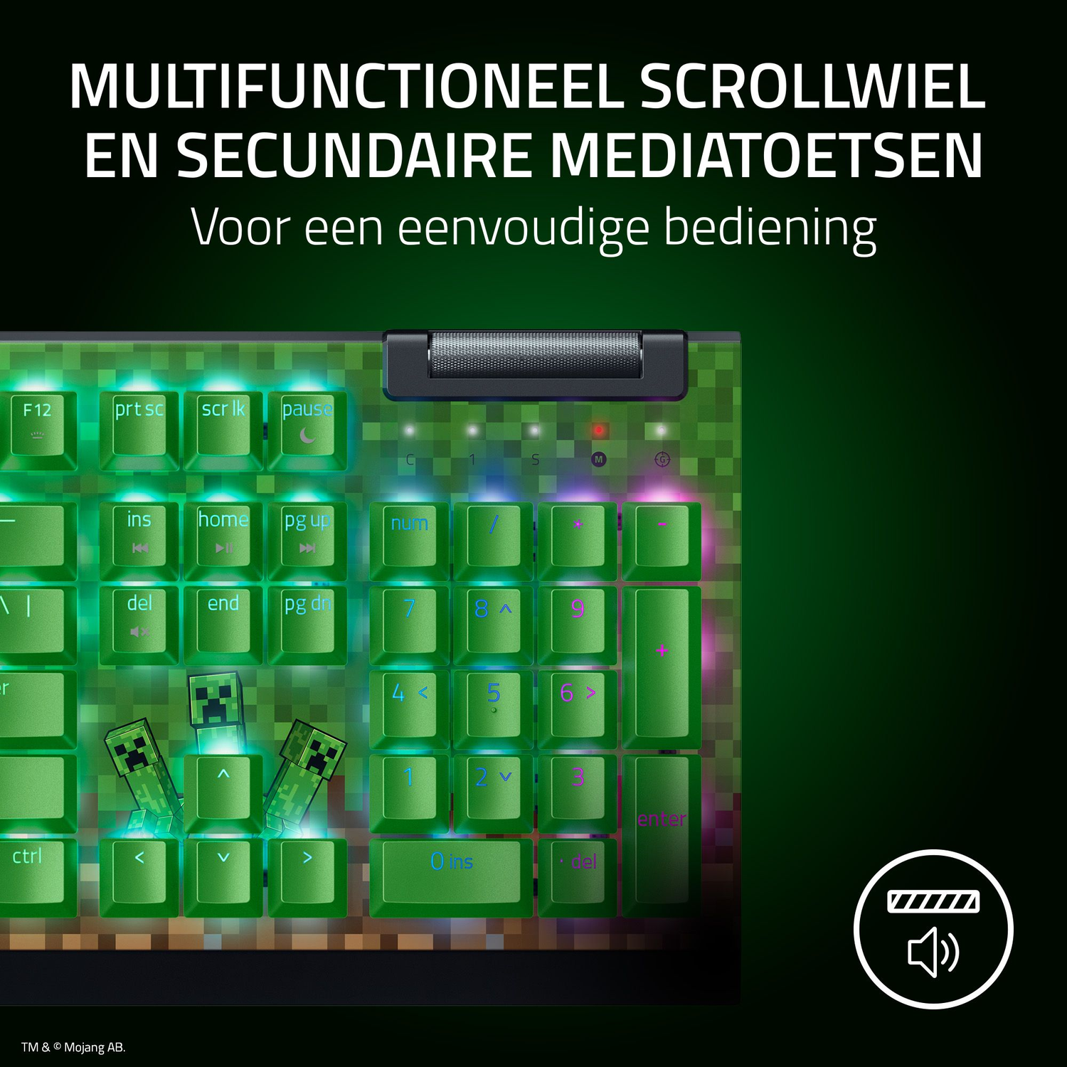 A green backlit keyboard with Minecraft Creeper designs. The keys are green, and the background is a pixelated pattern.