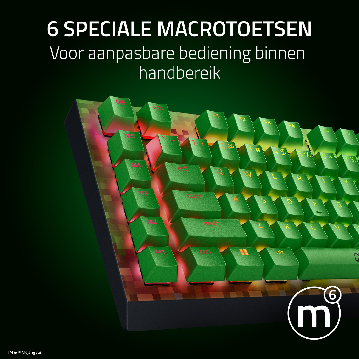 Green keyboard with 6 macro keys. The keys are lit with a red glow. The keyboard has a Minecraft-themed design.