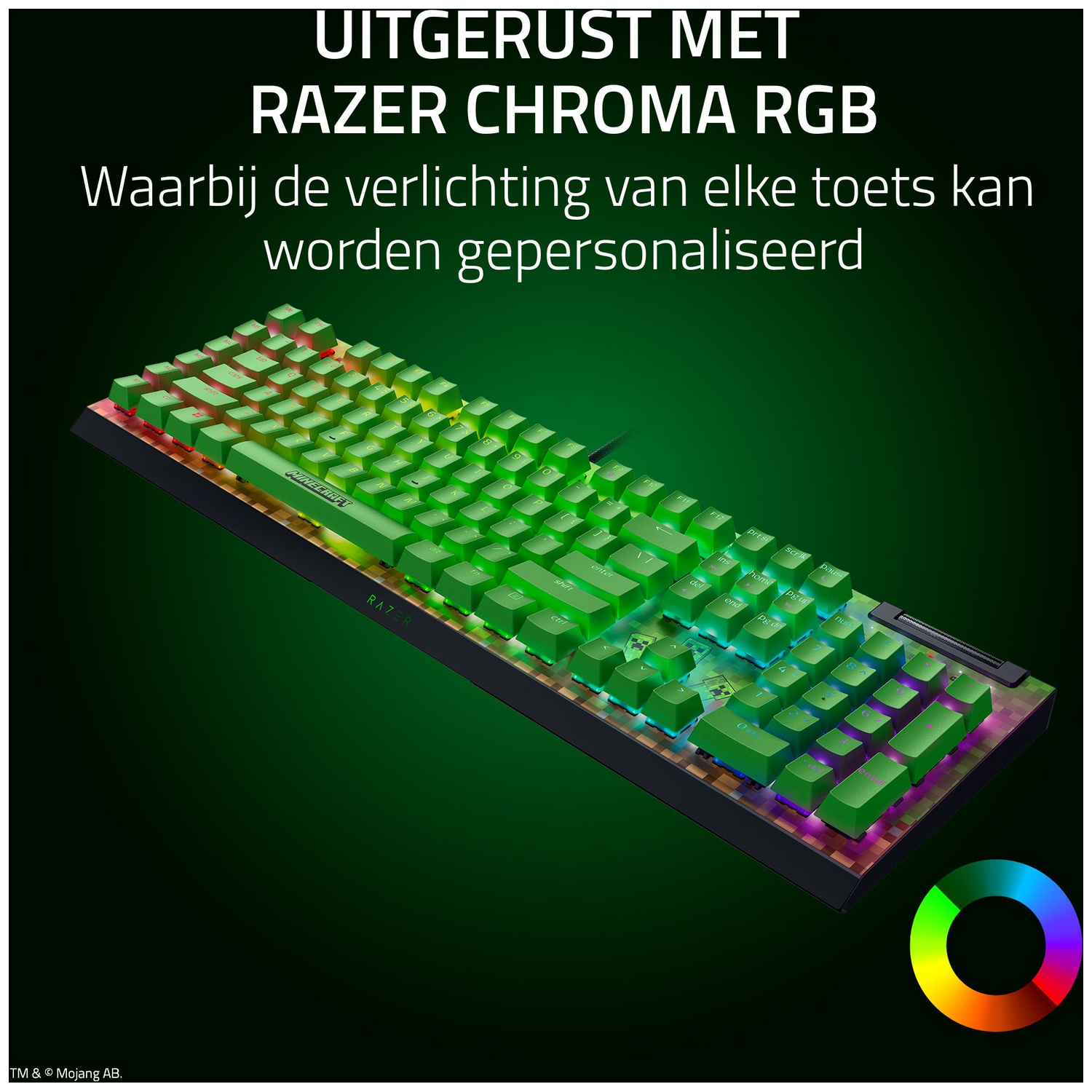 A Razer keyboard with green keys is lit with different colors. Text says 'RAZER CHROMA RGB' and 'MINECRAFT'.