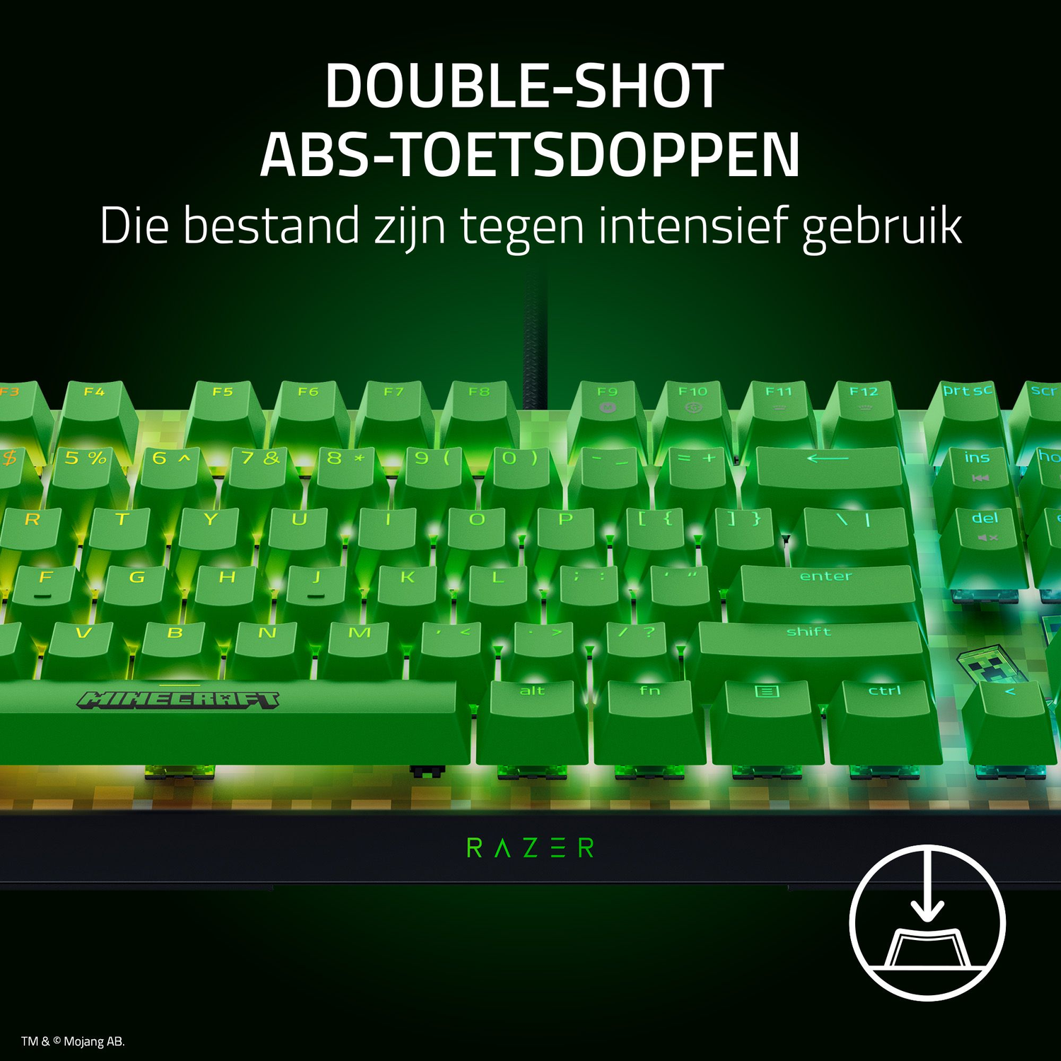 A green Minecraft keyboard with illuminated keys. The keyboard has a black frame and Razer branding.
