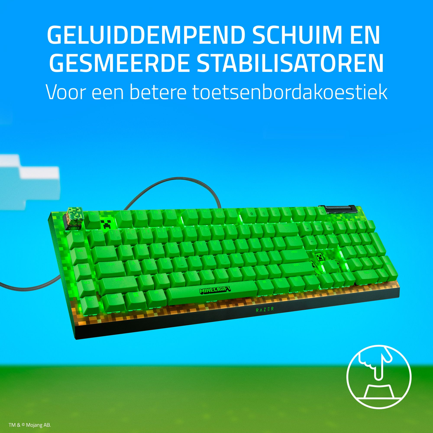 A Minecraft-themed keyboard with green keys. The Razer and Minecraft logos are visible. The background is blue.