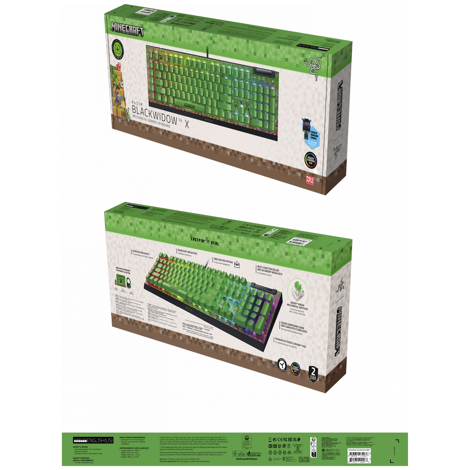 Minecraft Razer Blackwidow X keyboard box. Green and brown colors. Keyboard image and Minecraft logo are visible.