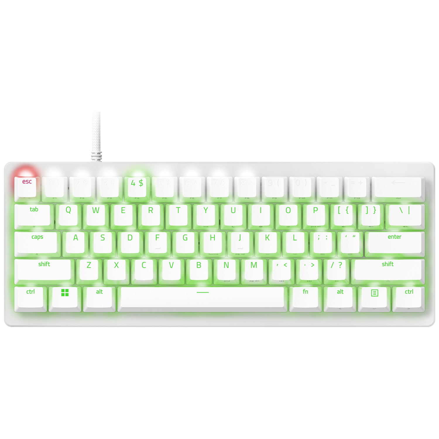 A white mechanical keyboard with green backlighting. Keys are labeled with letters, numbers, and symbols. A white cable is plugged in.