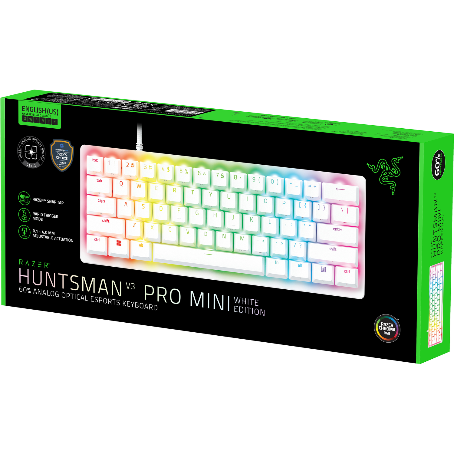 A Razer Huntsman V3 Pro Mini White Edition keyboard in its box, with a white keyboard and green packaging.