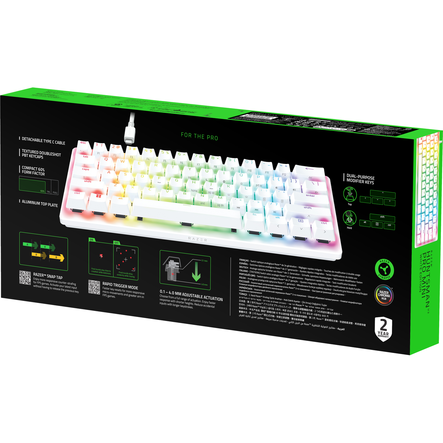 A Razer Huntsman V3 Mini keyboard in a box. The box is green and black. Keyboard is white.