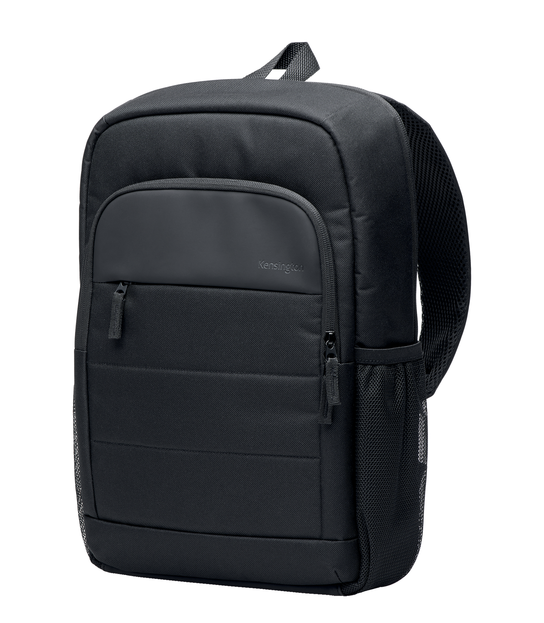 Schwarzer Rucksack mit mehreren Fächern und Reißverschlüssen. Mit einer Seitentasche aus Mesh und einem oberen Griff.
