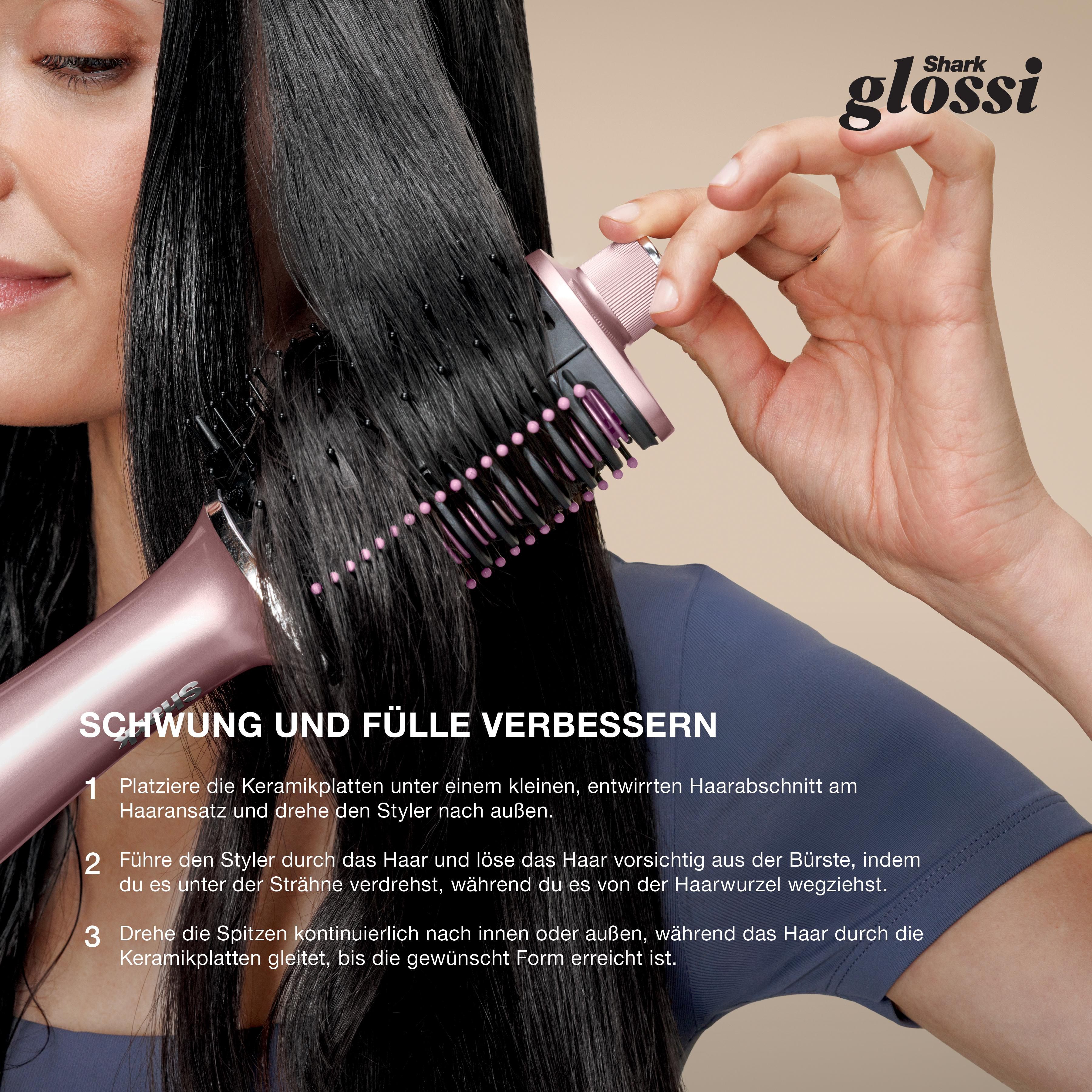 Frau, die schwarzes Haar mit einem rosa Haarwerkzeug stylt. Text beschreibt den Stylingprozess.