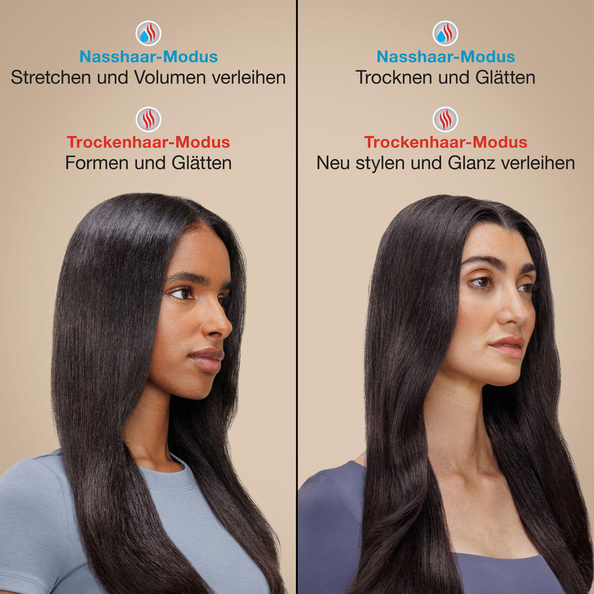 Das Bild zeigt zwei Frauen mit gestyltem Haar. Text beschreibt Haarmodi: Nassmodus für Volumen und Trockenmodus für Styling.