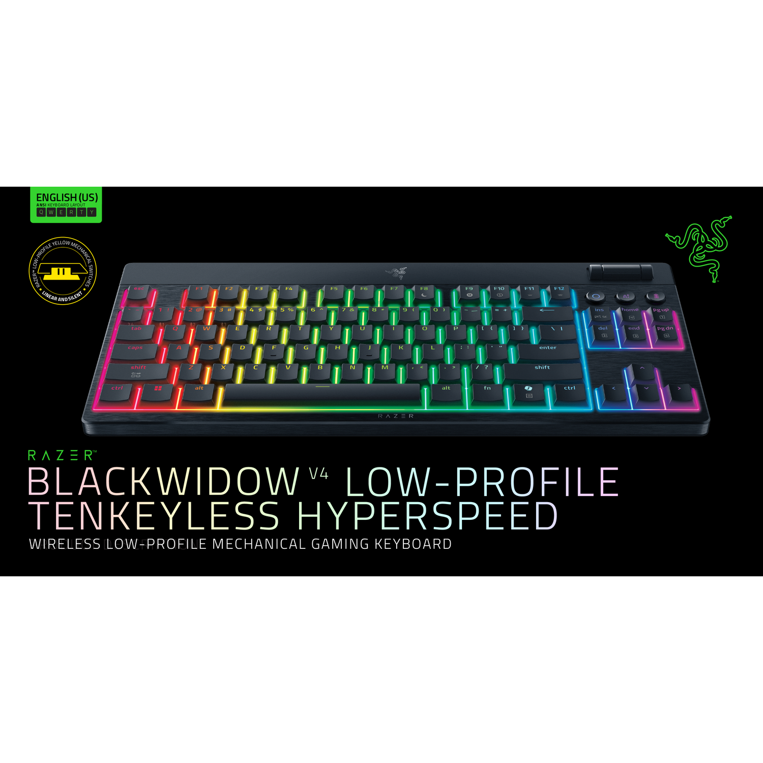 A Razer Blackwidow V4 low-profile keyboard. Keys are backlit with rainbow colors. Razer logo is in the top right corner.