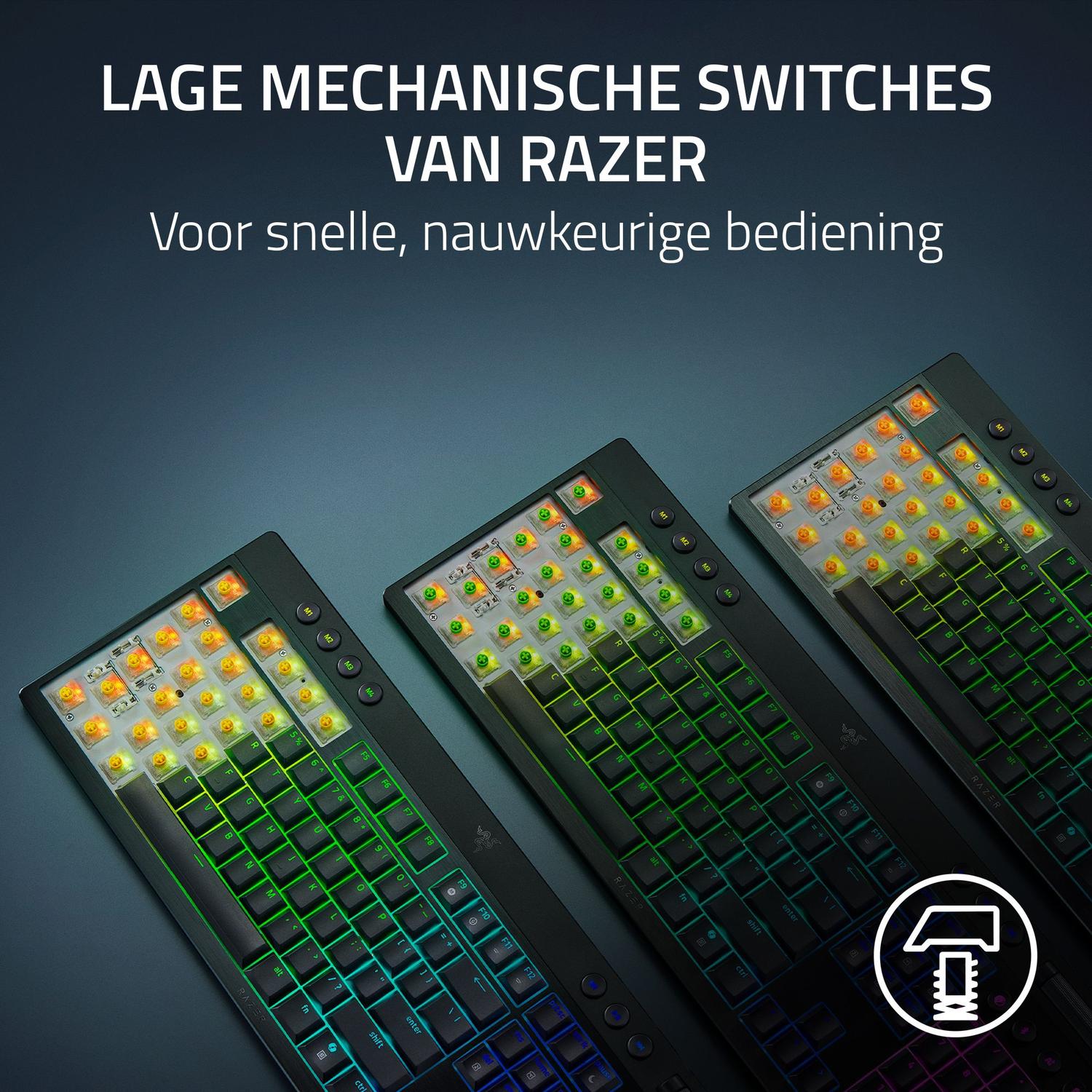 Three Razer keyboards with exposed mechanical switches, lit by colorful LEDs. Text in Dutch. A hammer icon is in the corner.