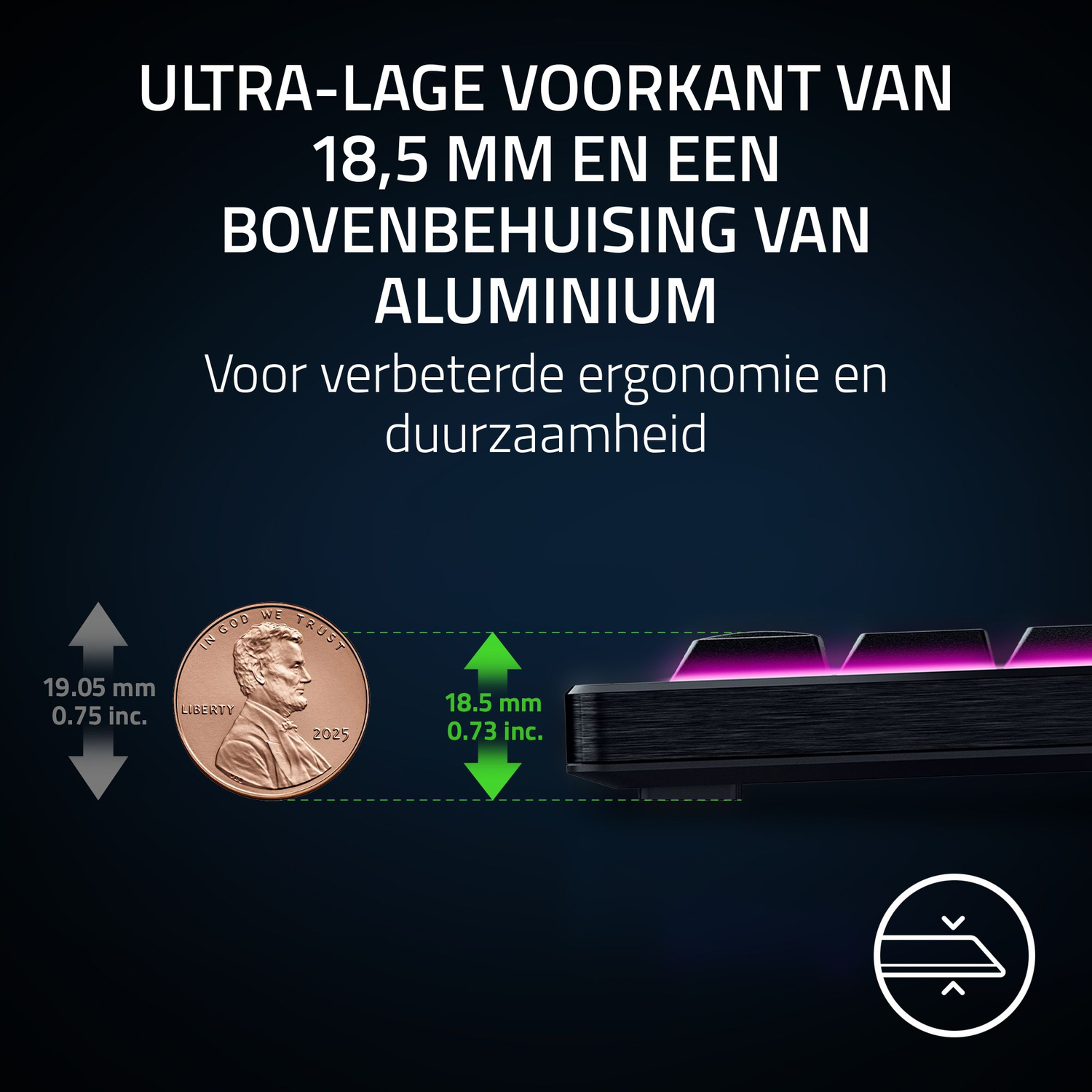 Image shows a keyboard's side profile, a penny, and text about its low profile design. Text highlights ergonomic and durable features.