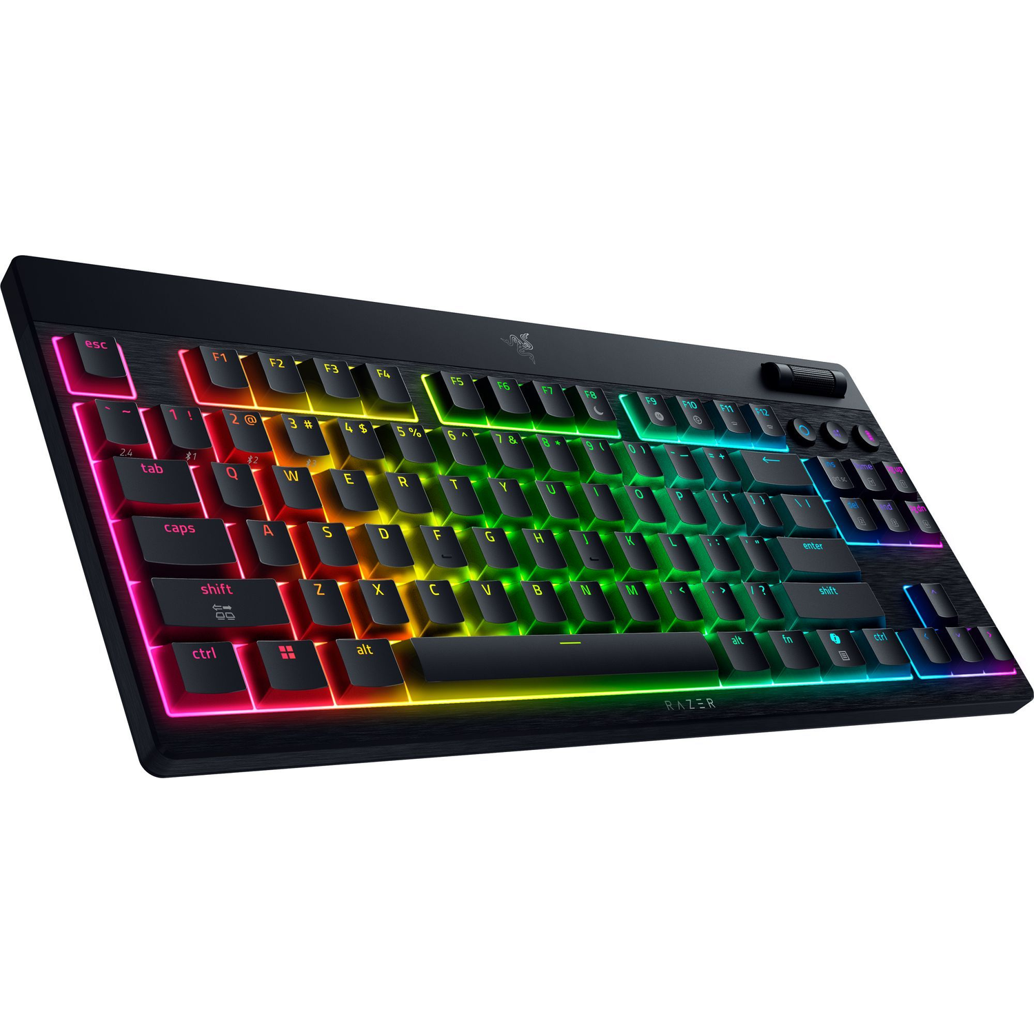 A black keyboard with rainbow-colored keys. The Razer logo is visible. The keyboard is angled upwards.