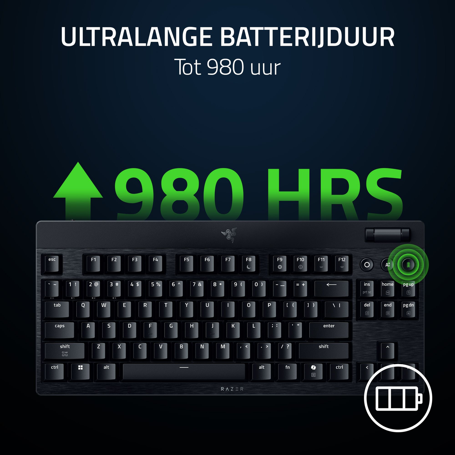 Black Razer keyboard. Green text says 980 hrs. Battery icon. Text: Ultralange batterijduur Tot 980 uur.